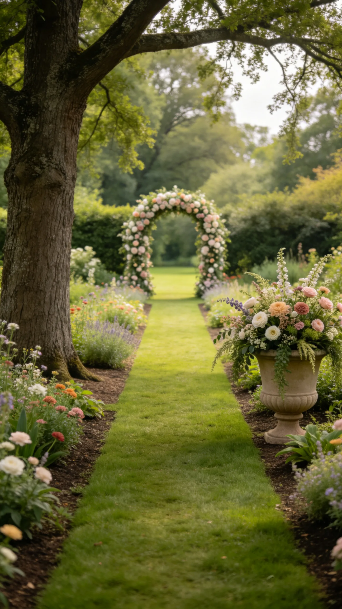 18. Floral Arch at the End of an Offset Aisle