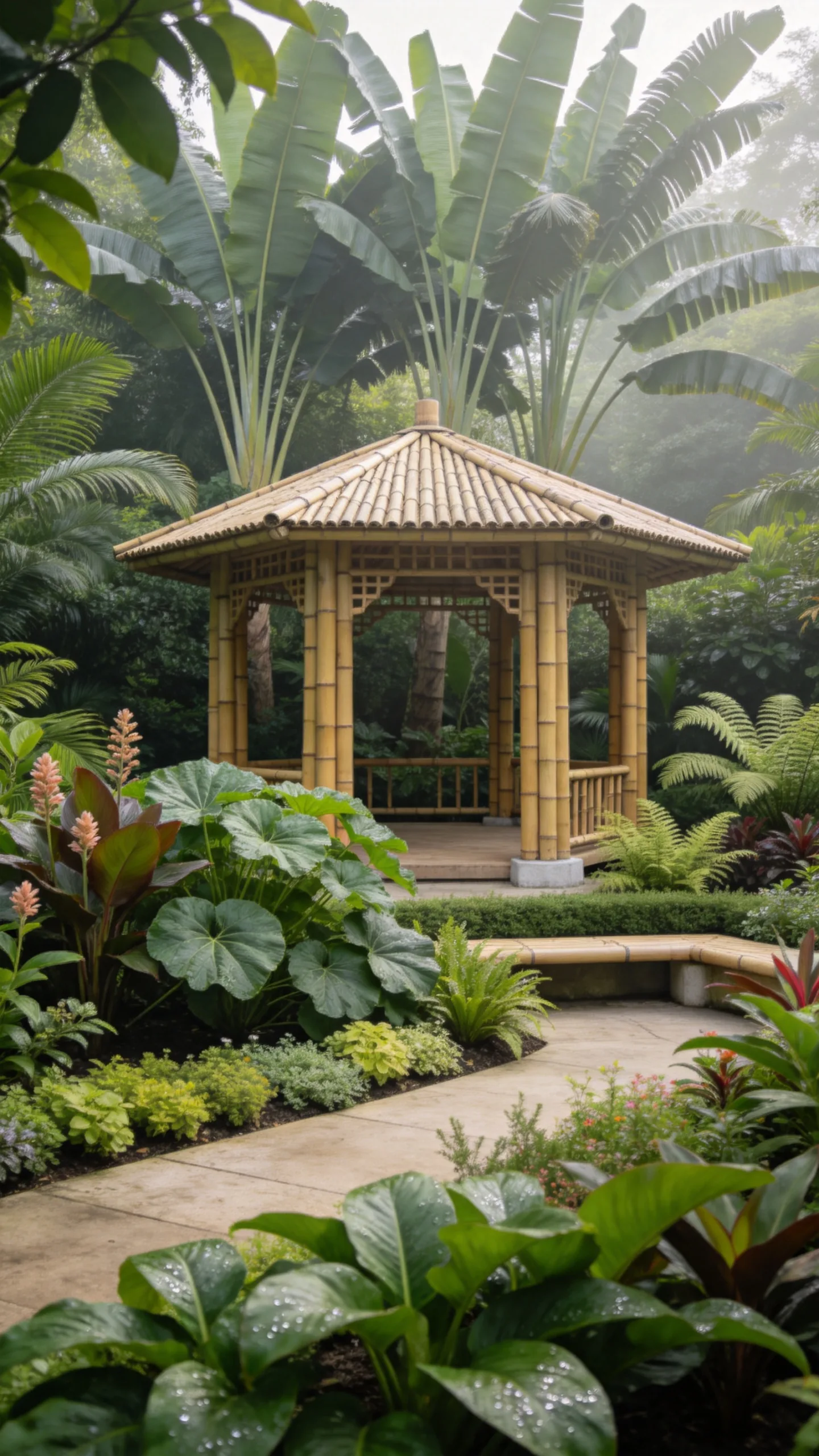 21. Bamboo Gazebo Framed by Layered Tropical Planting