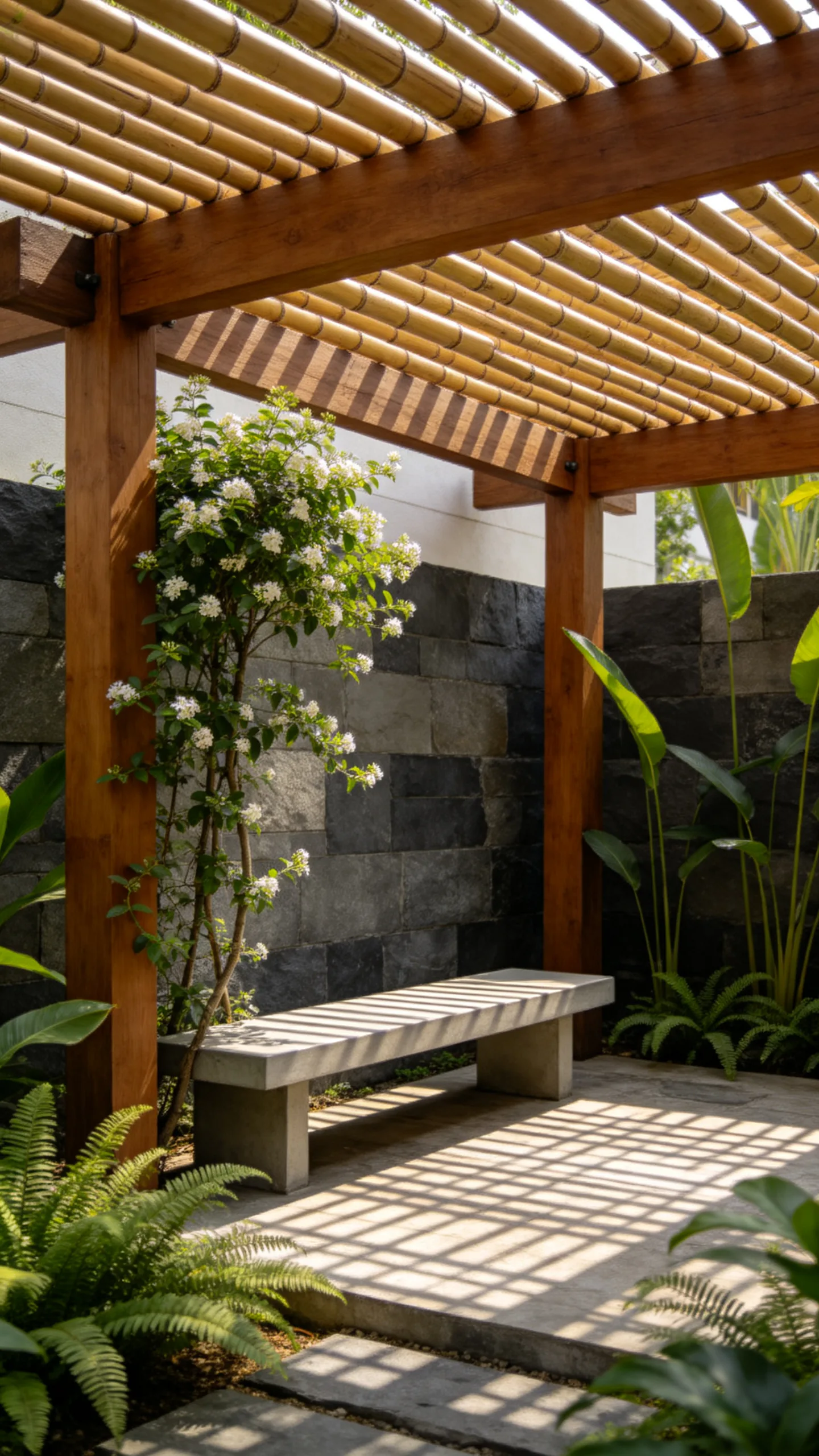 7. Bamboo Pergola Over a Shaded Seating Nook