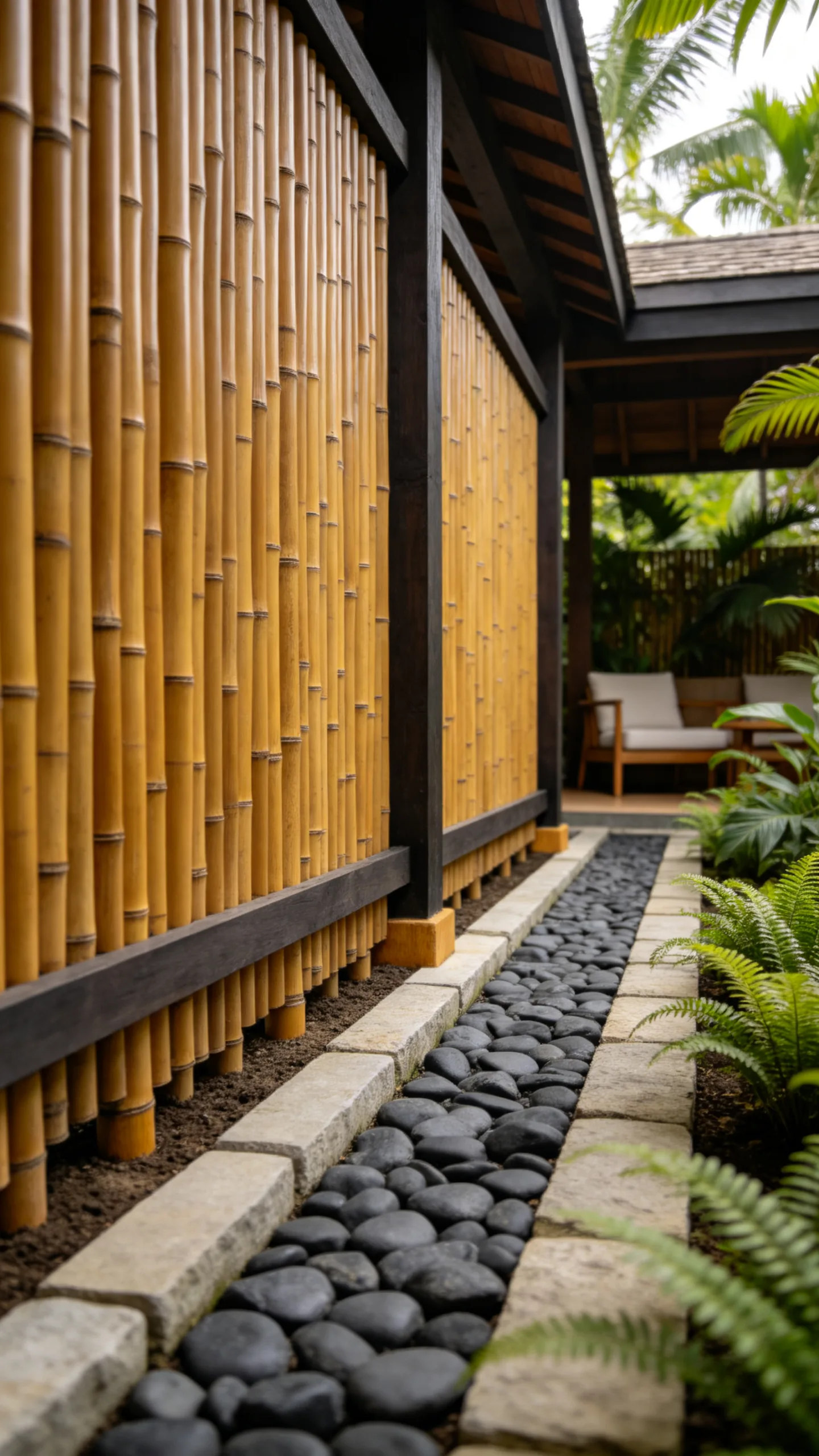 2. Bamboo Privacy Screen With a Stone Border