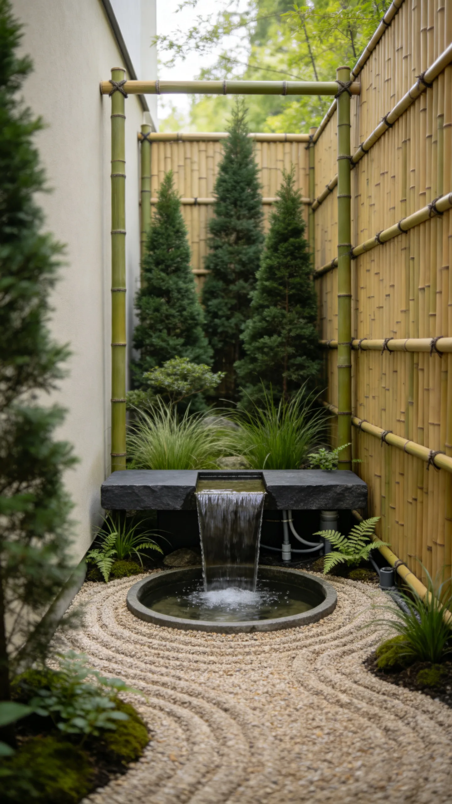 7. Bamboo-Rimmed Zen Waterfall