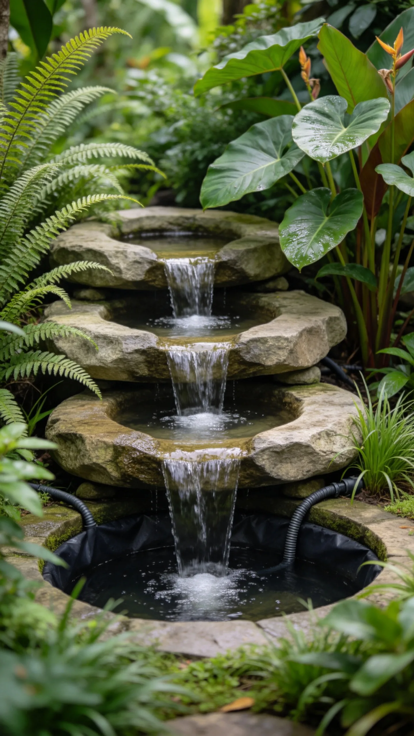 20. Cascading Stone Waterfall in a Planted Corner