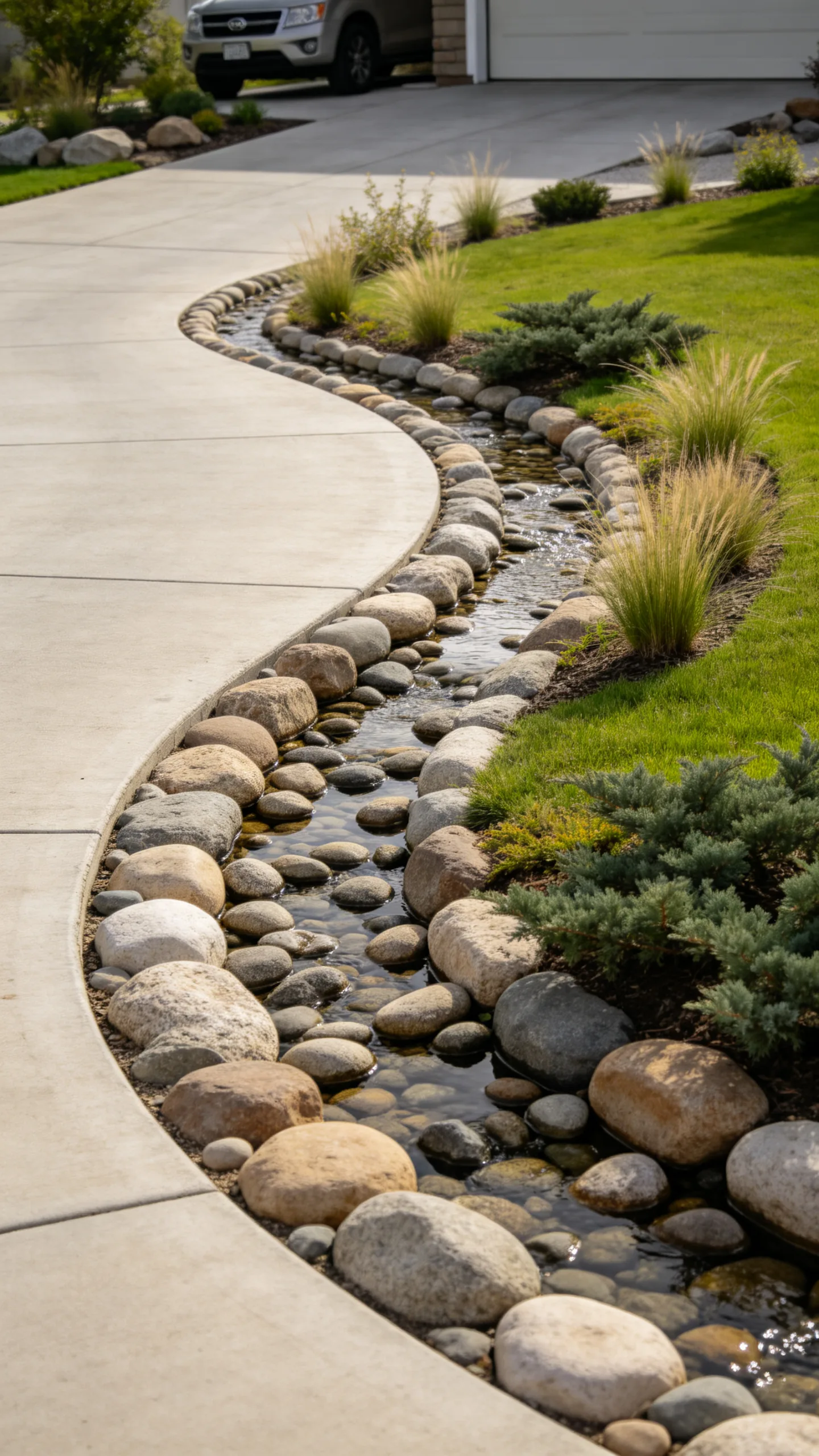 1. Curving Dry Creek Bed Along the Driveway