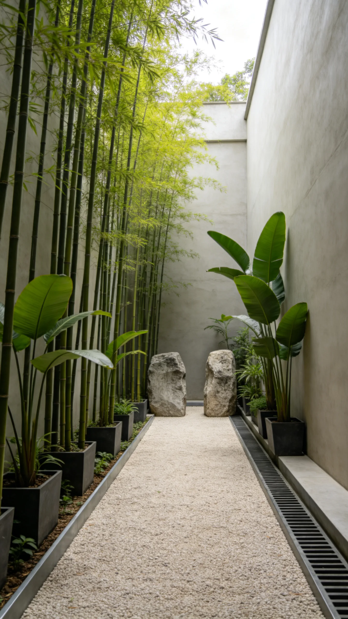 4. Gravel Courtyard With Bamboo Planters