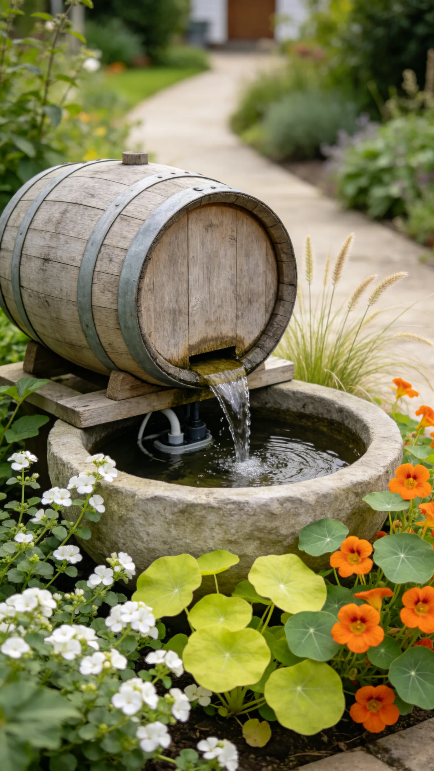 5. Half-Barrel Garden Waterfall