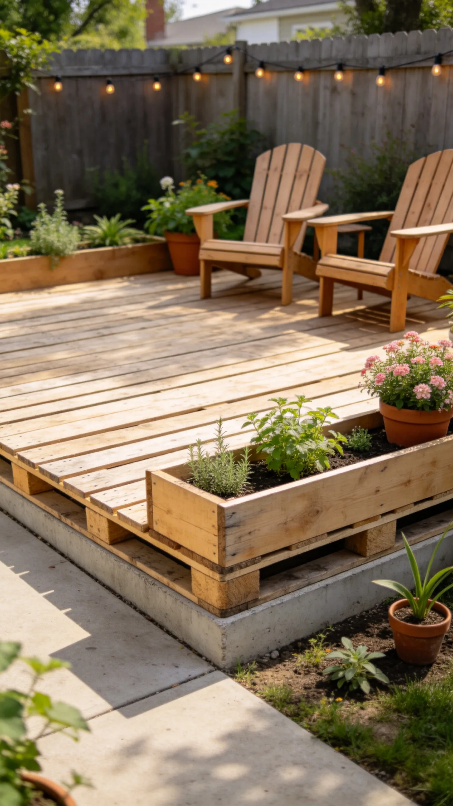 2. Pallet-Style Ground Deck with Built-in Corner Planters