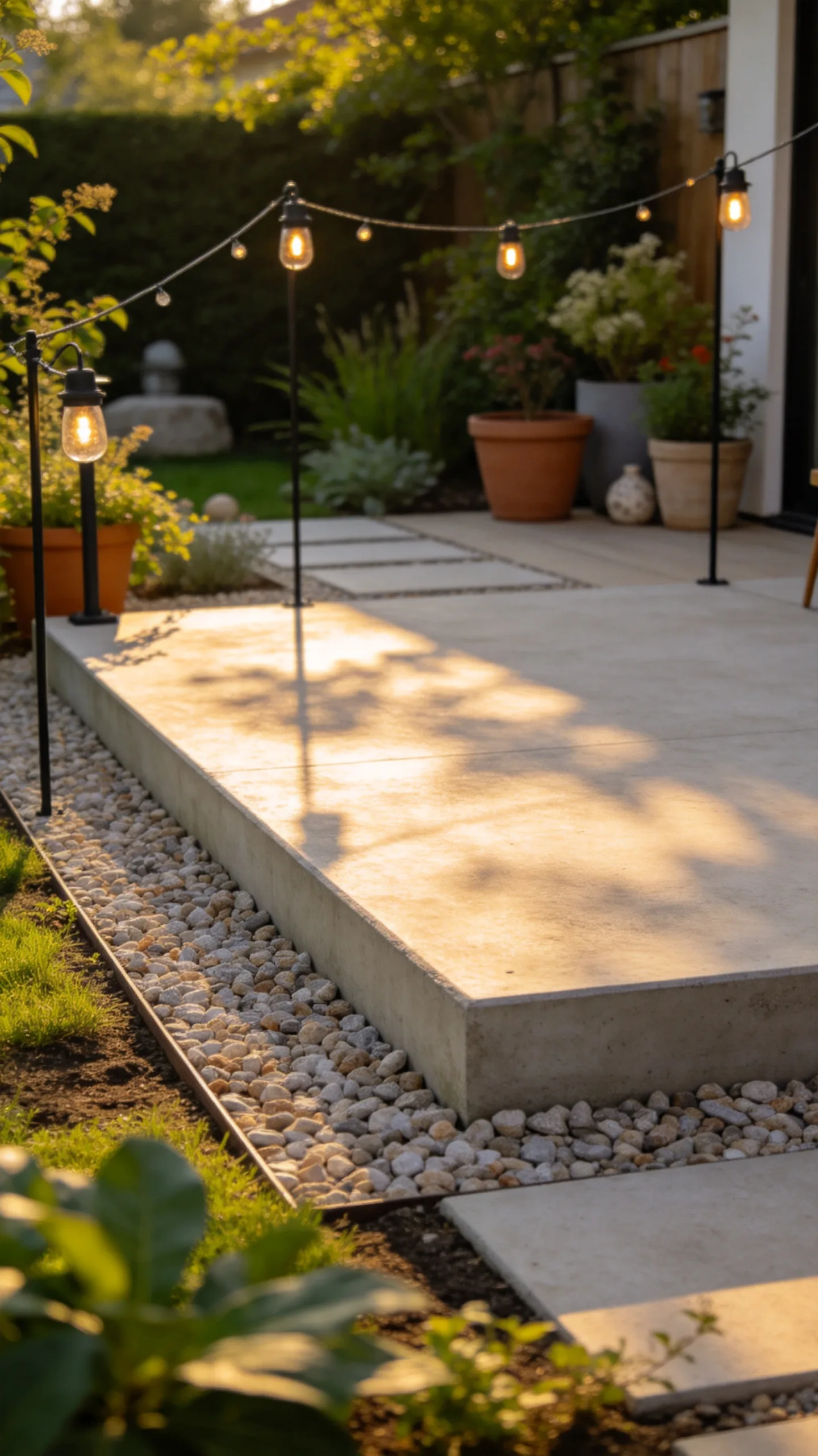 3. Gravel-Bordered Low Platform Deck with String Light Posts