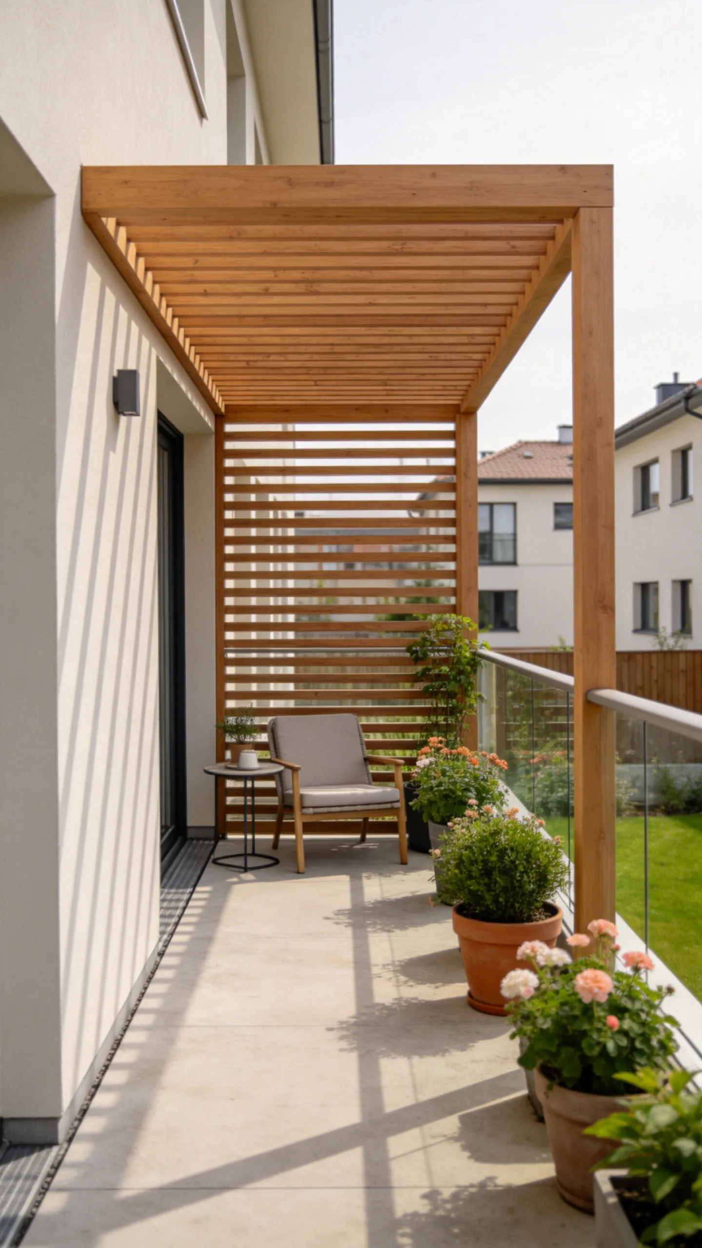 4. Modern Slatted Wood Trellis for Narrow Balcony Decks