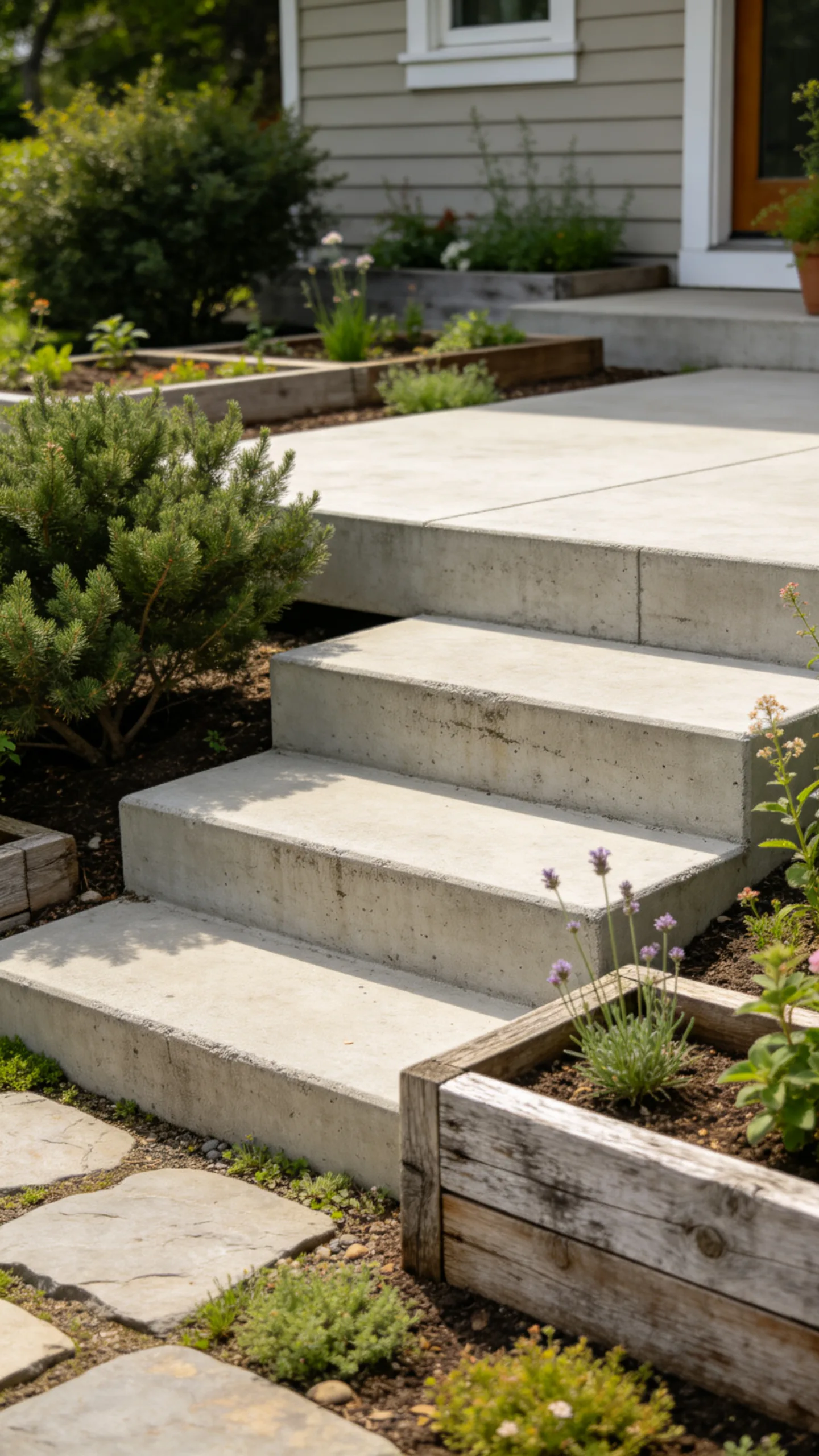 4. Multi-Level Stepped Ground Deck for Sloped Front Yards
