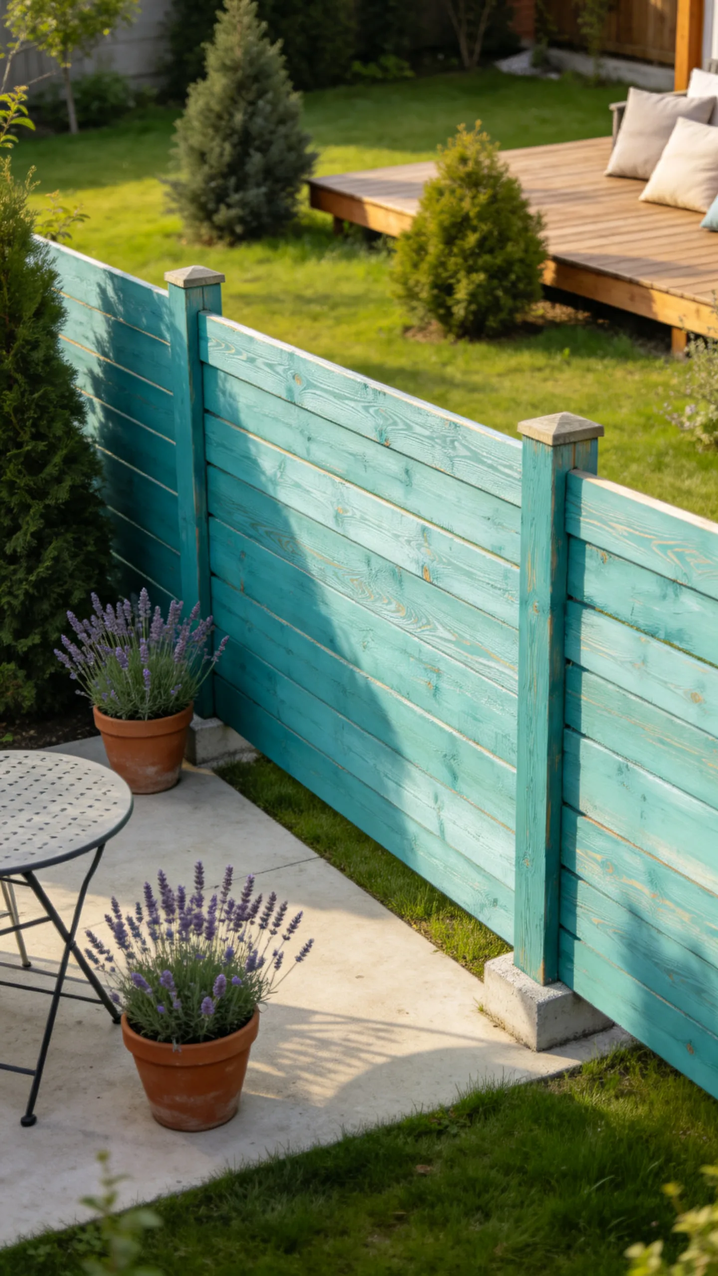 5. Bright Teal Painted Horizontal Fence