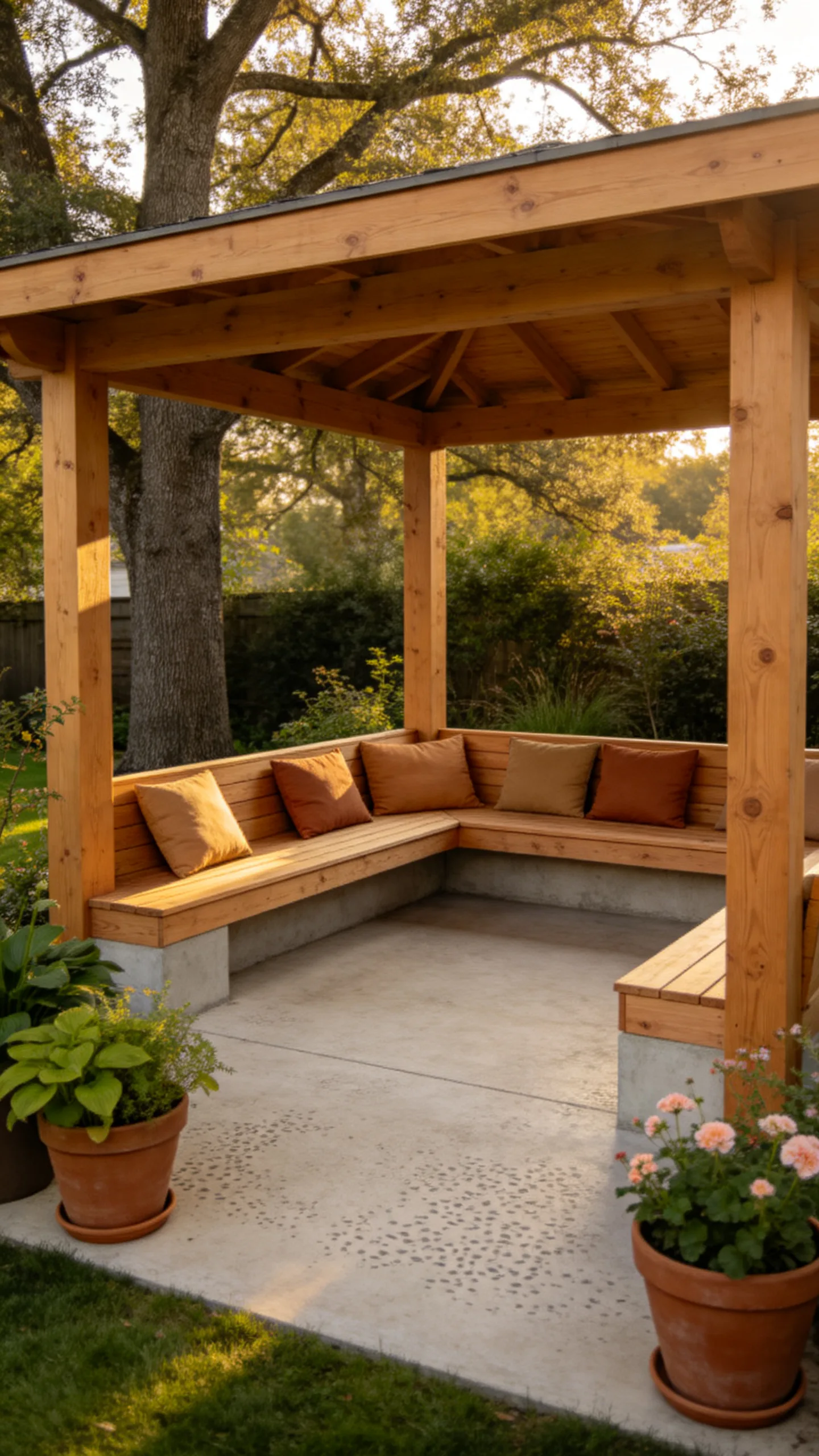 5. Freestanding Cedar Gazebo with L-Shaped Sectional Layout