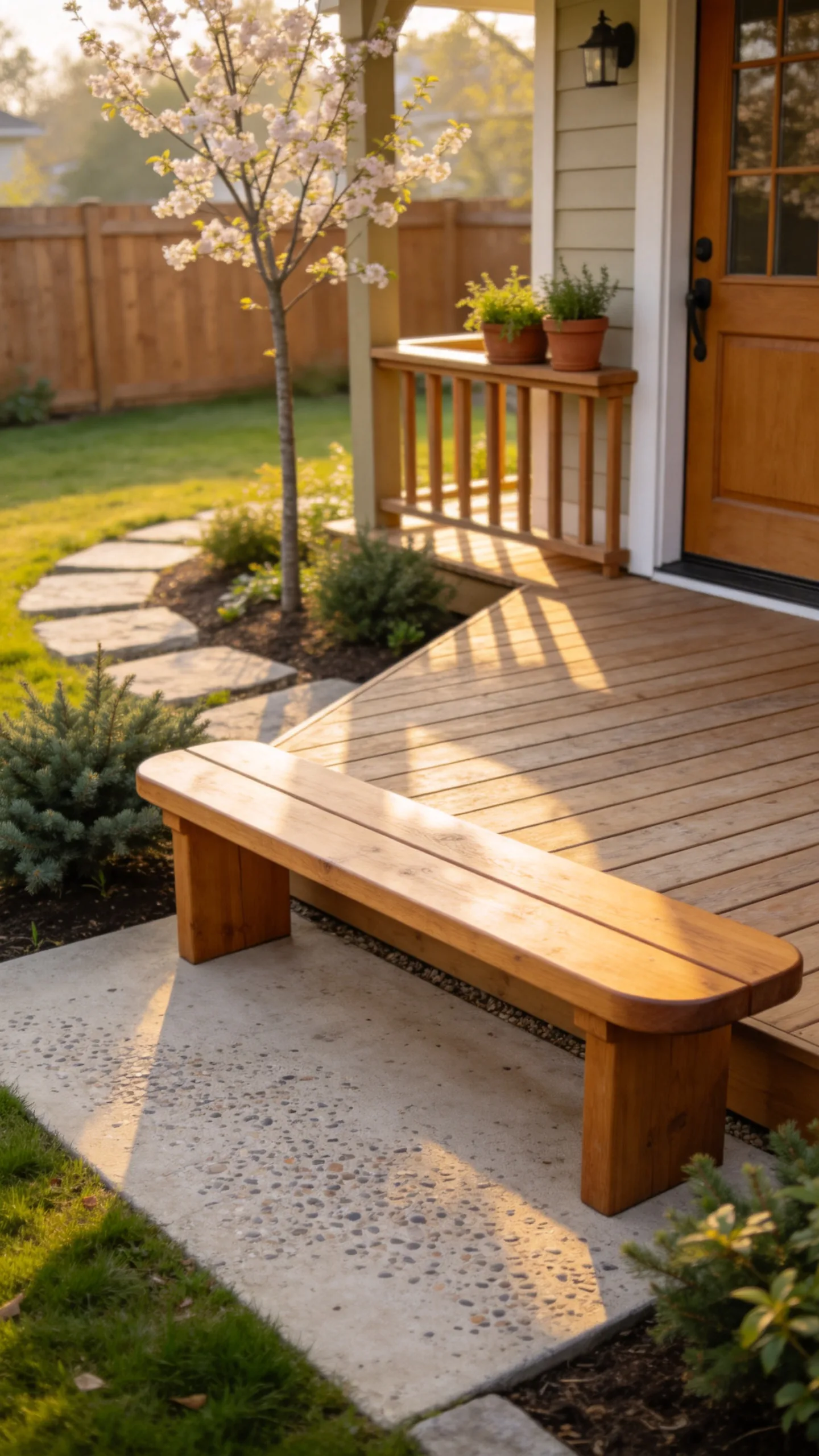 5. Front Entrance Wrap-Around Ground Deck with Cedar Bench