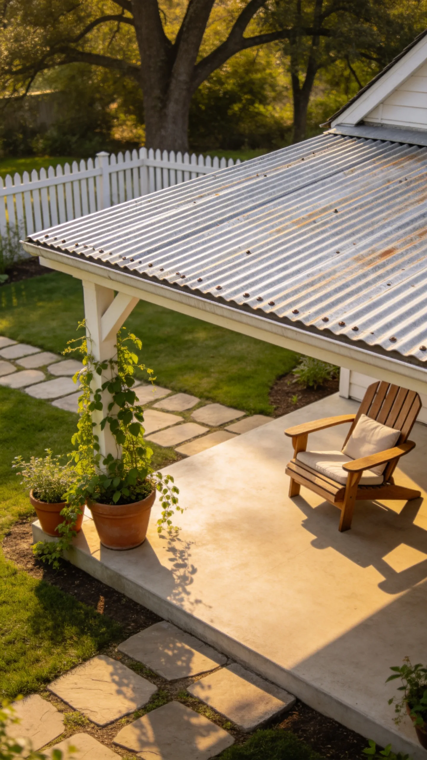 6. Farmhouse-Style Corrugated Metal Roof Covered Patio Deck