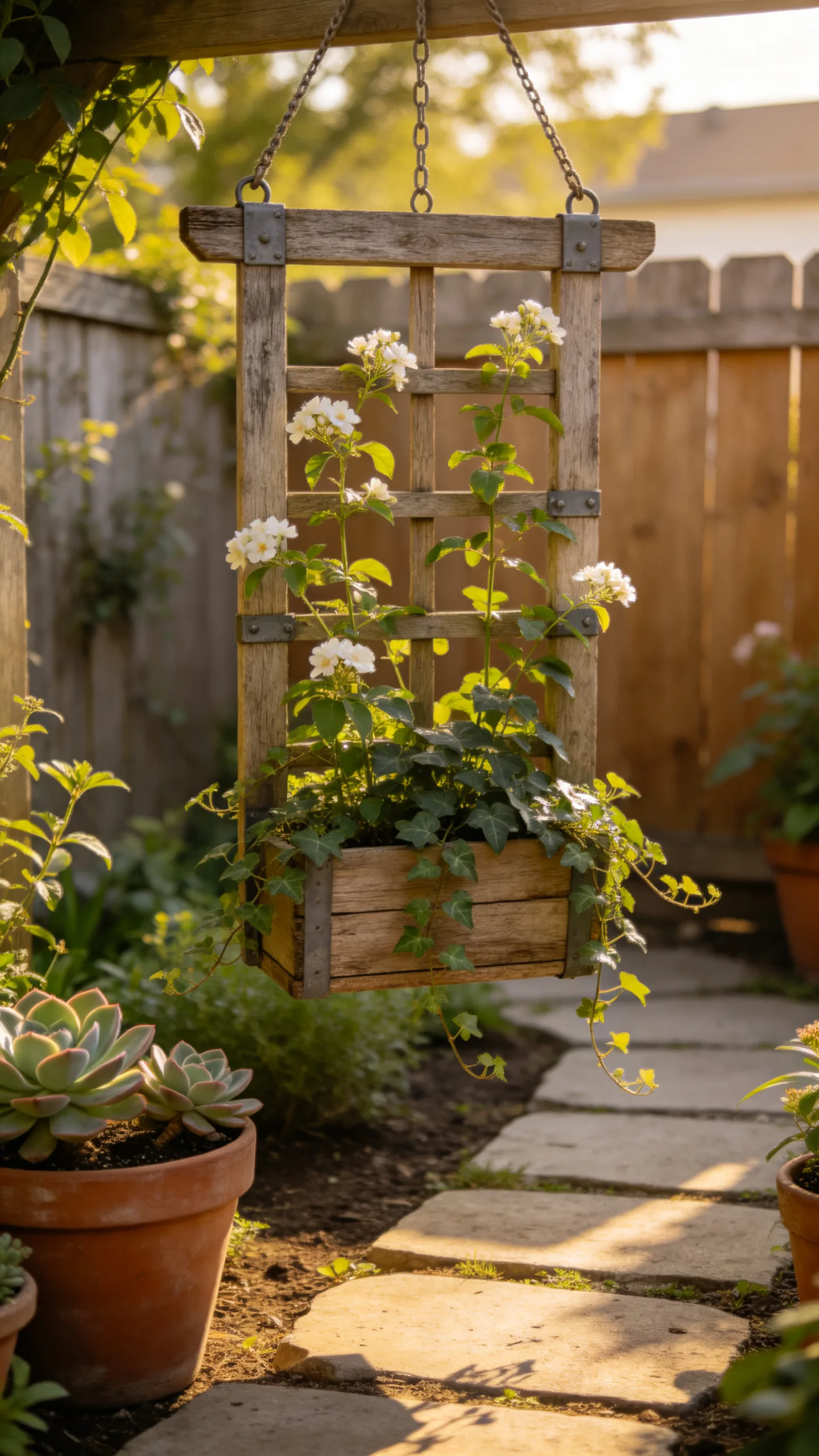 6. Hanging Planter Trellis for Sunny Courtyards