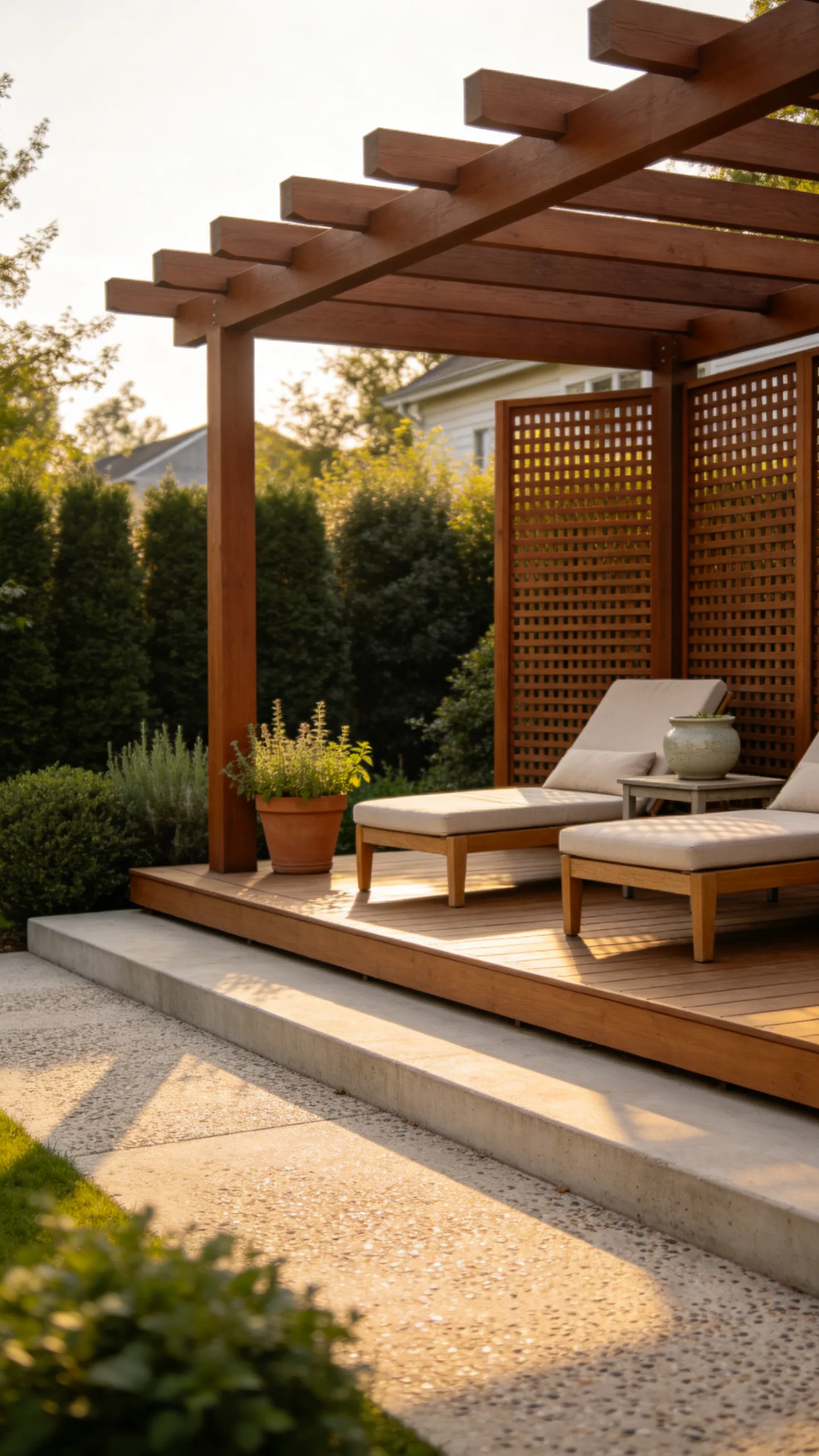 8. Low-Profile Deck with Integrated Pergola for Privacy