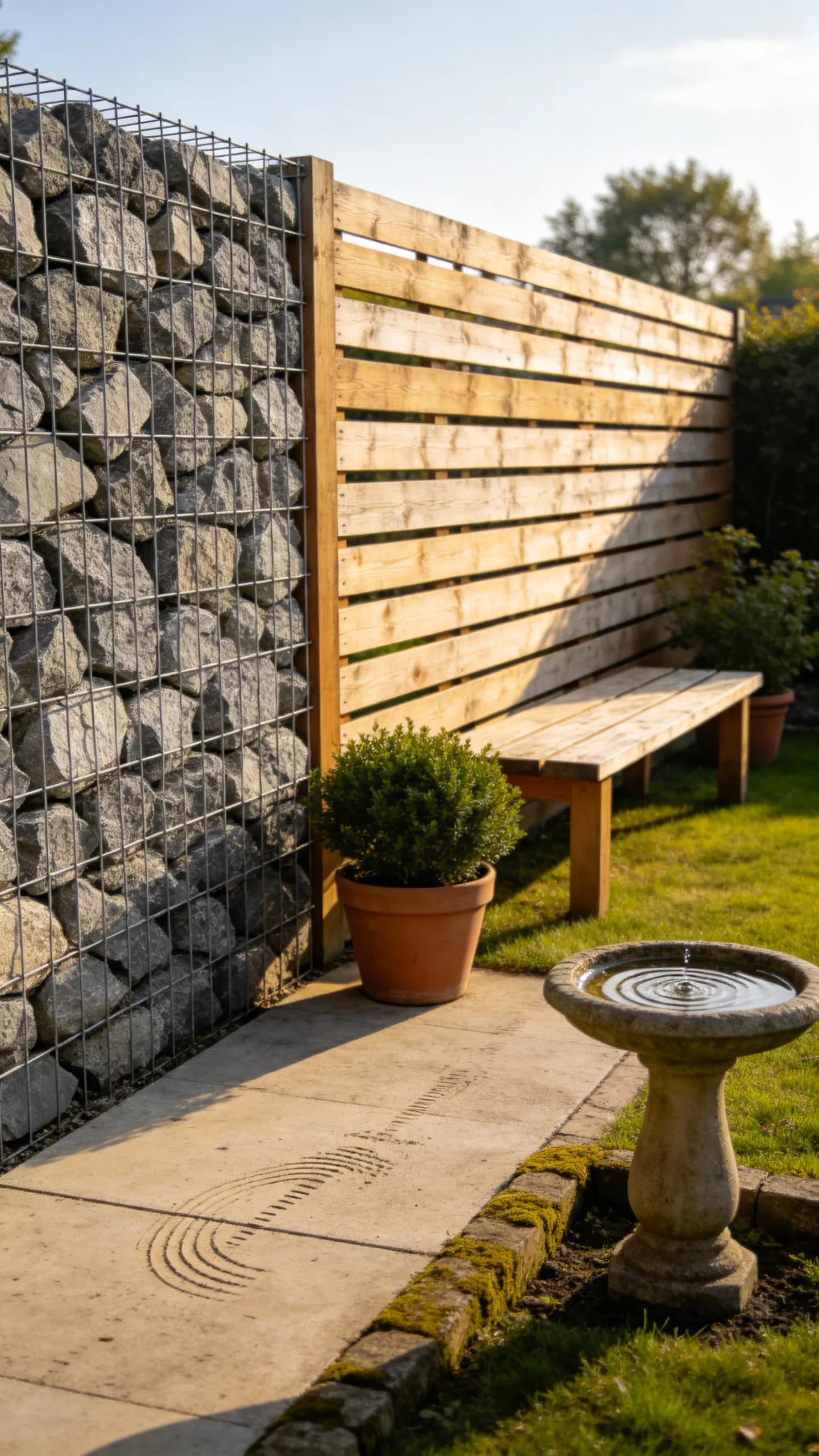 9. Gabion Stone Wall and Wood Slats Combo
