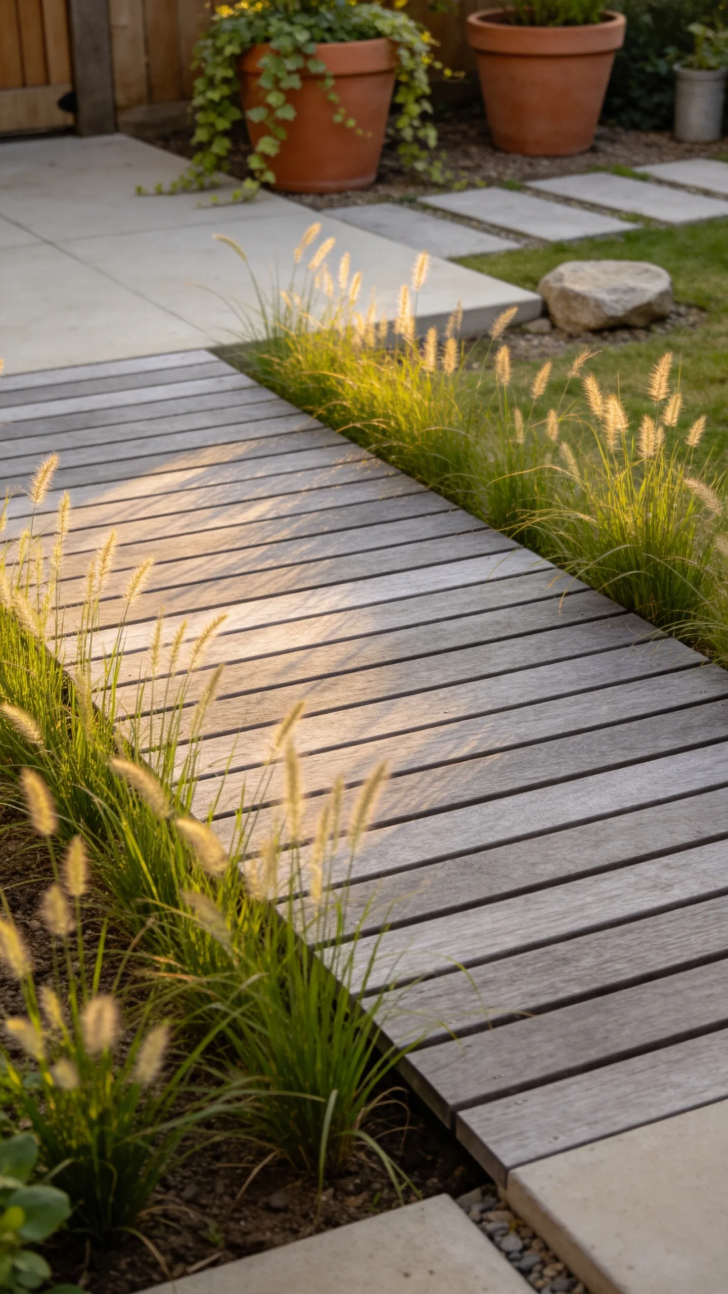 10. Diagonal Slat Floating Deck with Ornamental Grass Borders