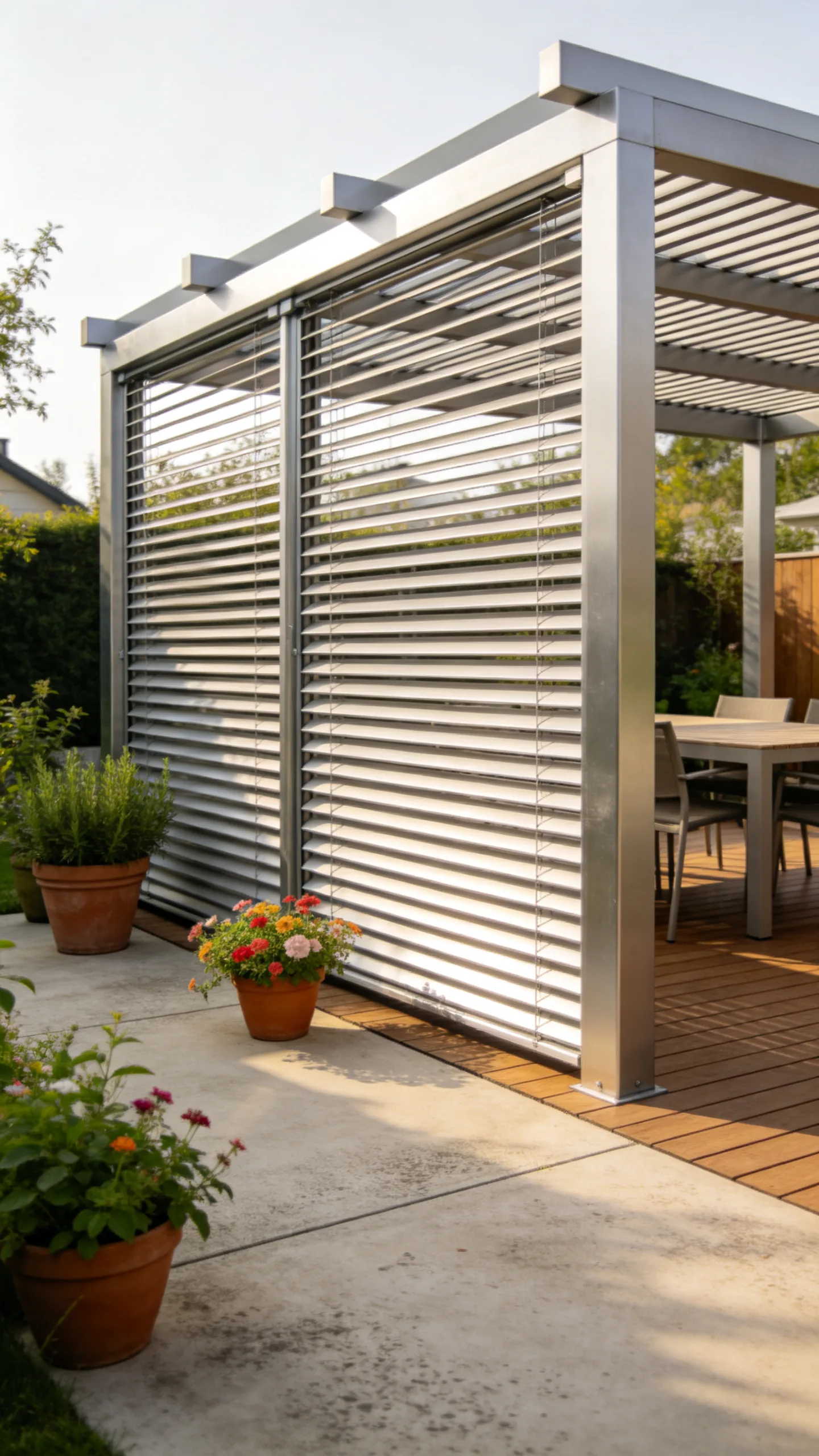 10. Modern Metal Pergola with Built-in Privacy Slats