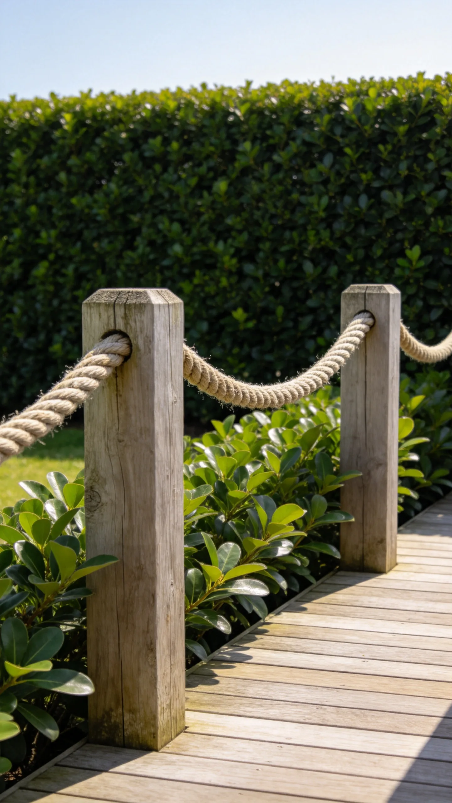 11. Thick Nautical Rope Railings with Dense Shrubs