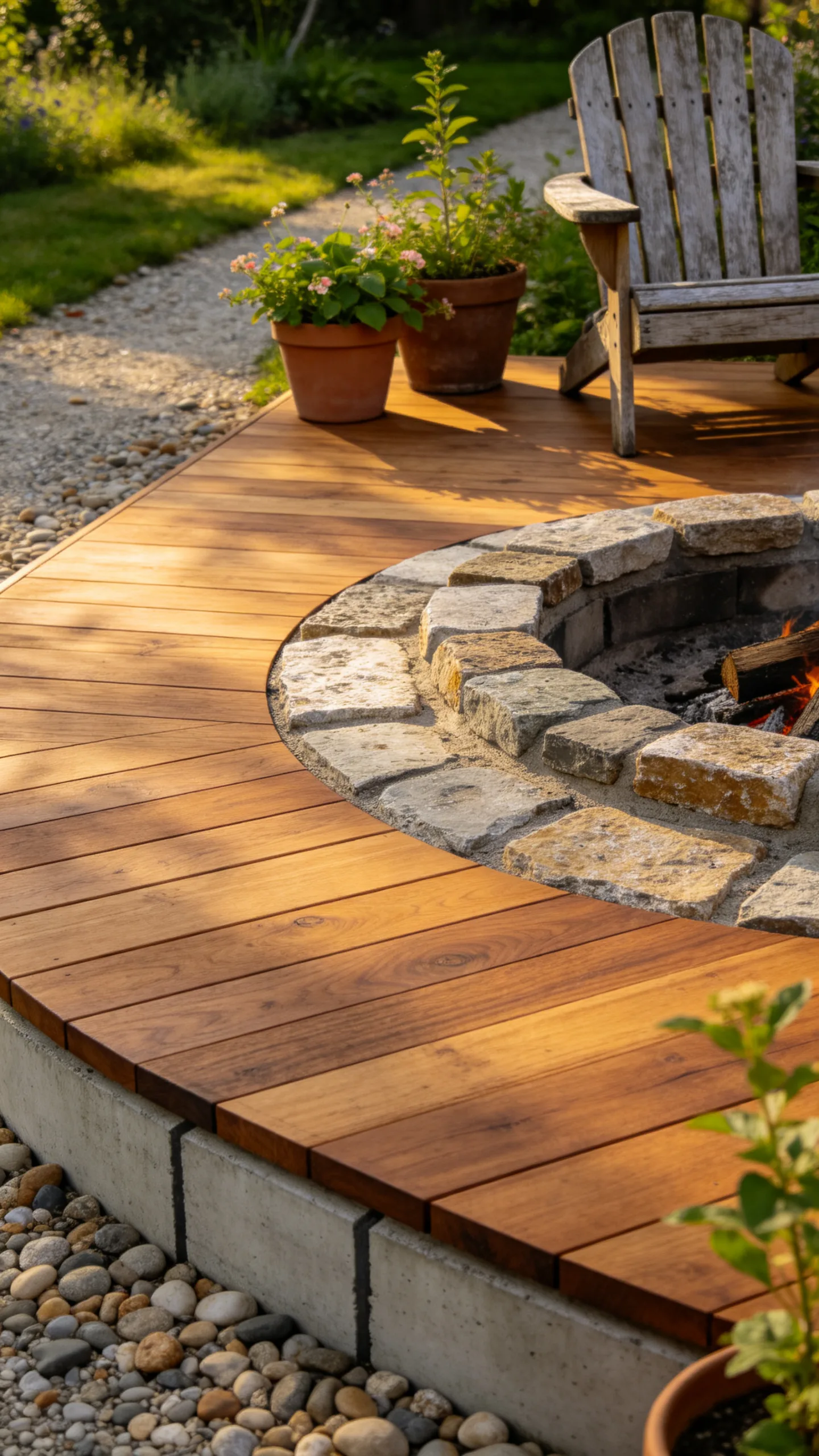 11. Stained Cedar Ground Platform with Stone-Lined Fire Pit Zone