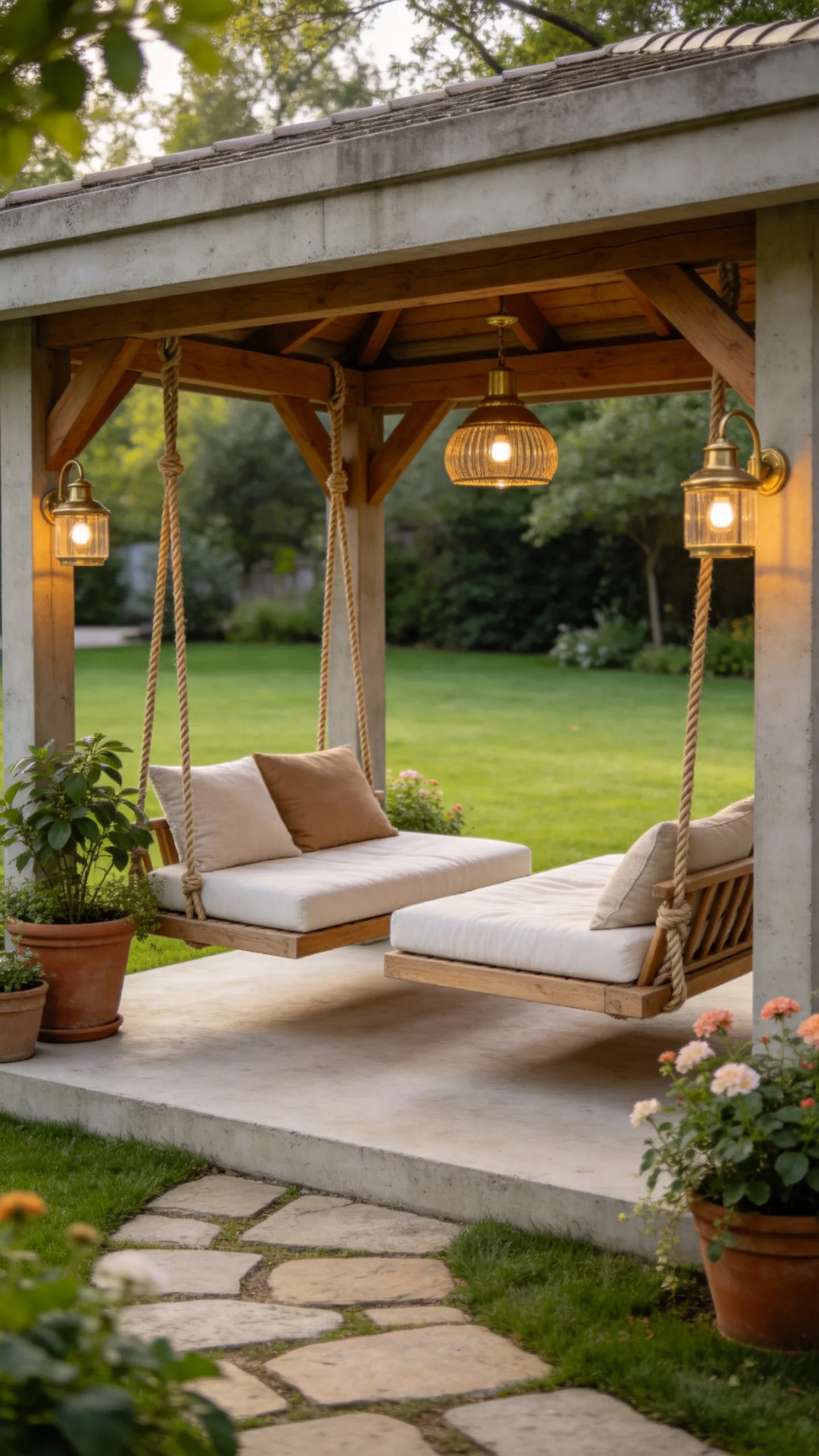 12. Cozy Gazebo with Hanging Daybeds and Statement Lighting