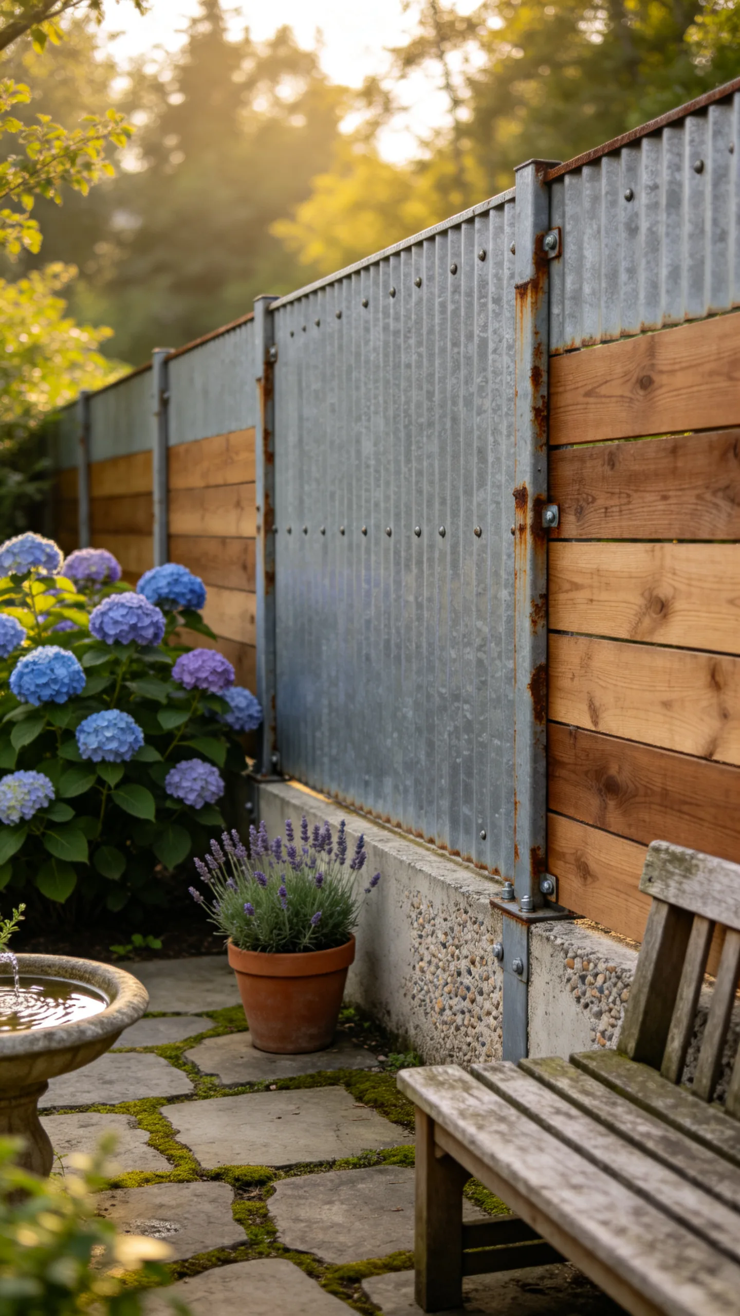 12. Galvanized Corrugated Metal and Wood Panel Fence