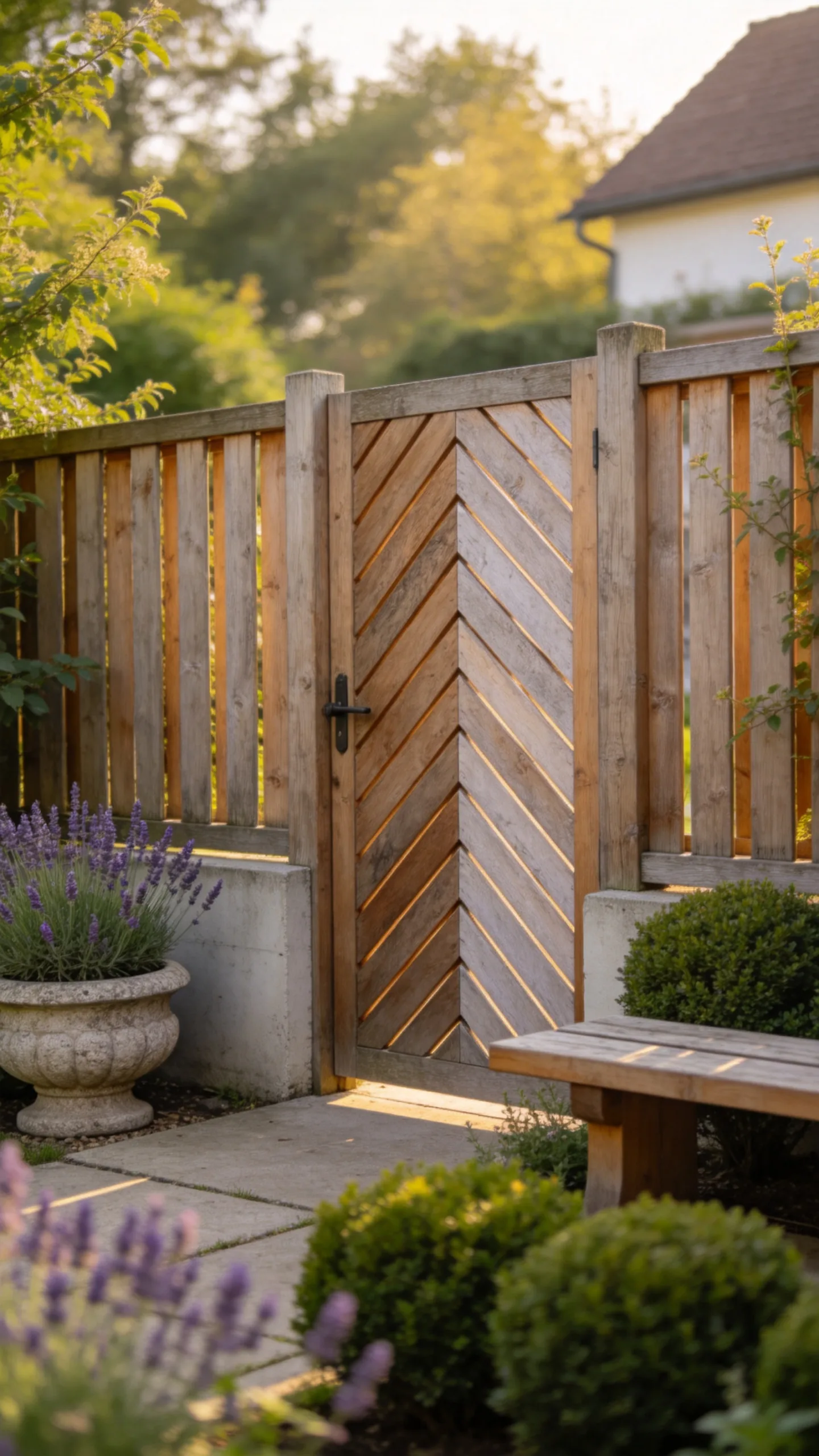 13. Chevron Pattern Wood Slat Gate and Fence