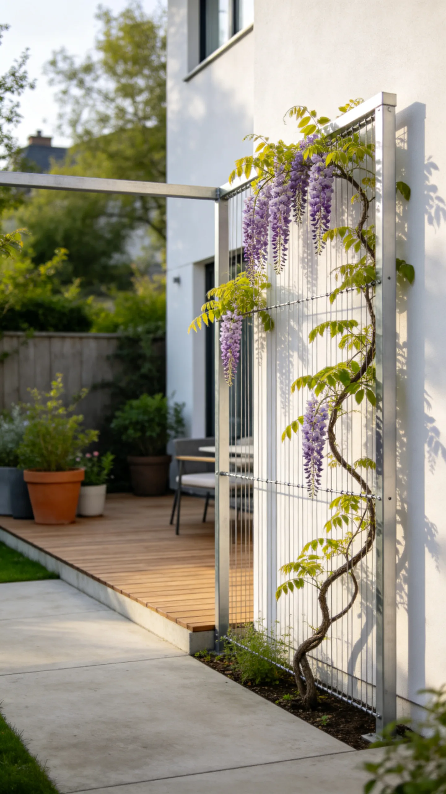 13. Minimalist Steel Cable Trellis with Climbing Wisteria