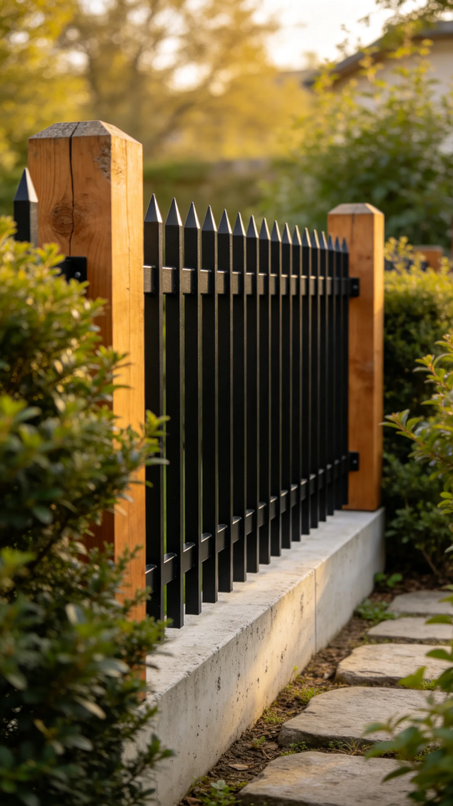 13. Modern Black Metal Pickets with Warm Wood Posts