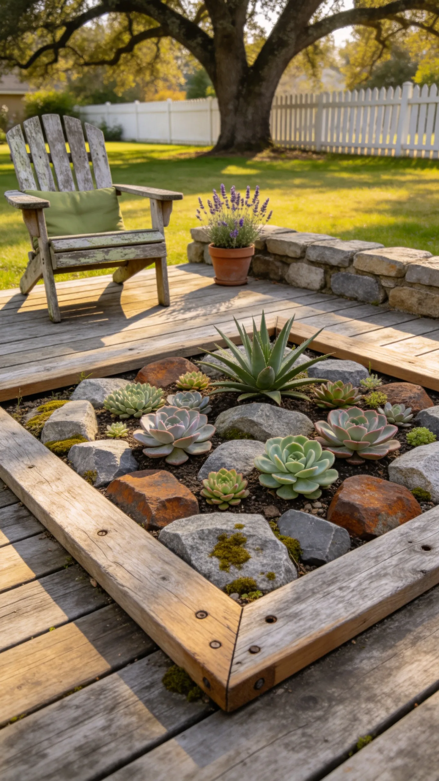 13. Reclaimed Wood Picture-Frame Deck with Succulent Rock Garden