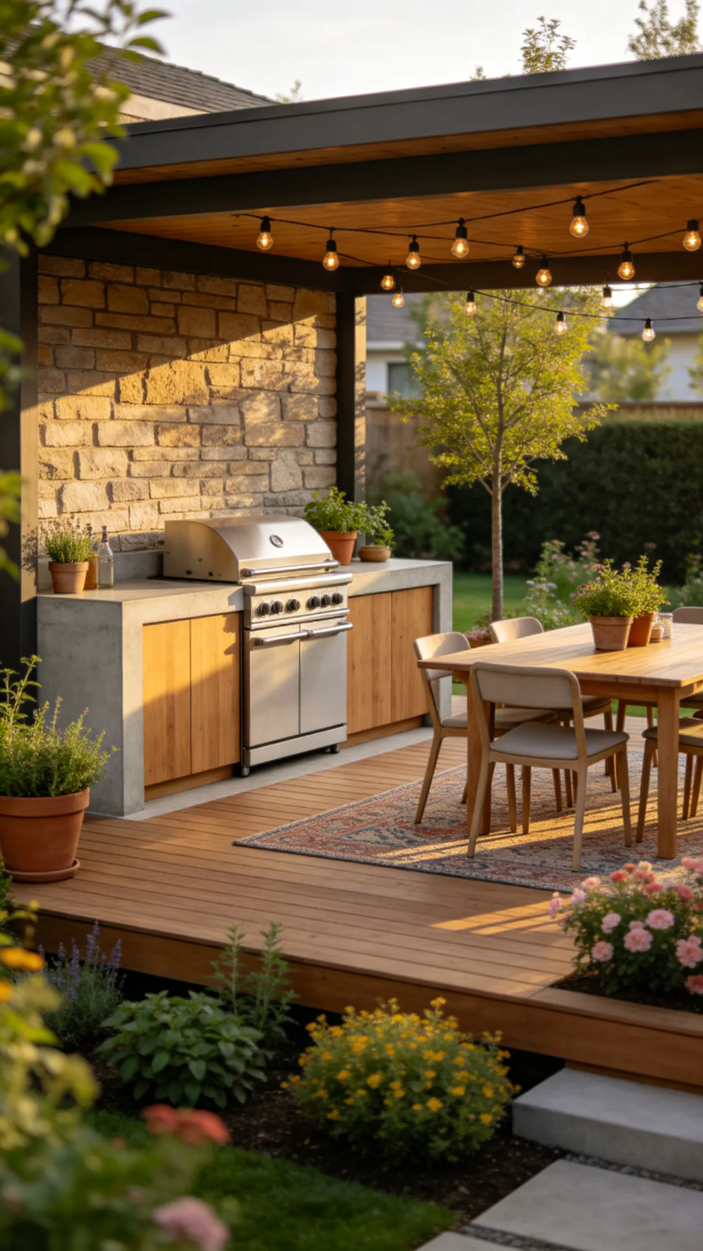 14. Raised Deck Pavilion with Built-in Outdoor Kitchen Zone