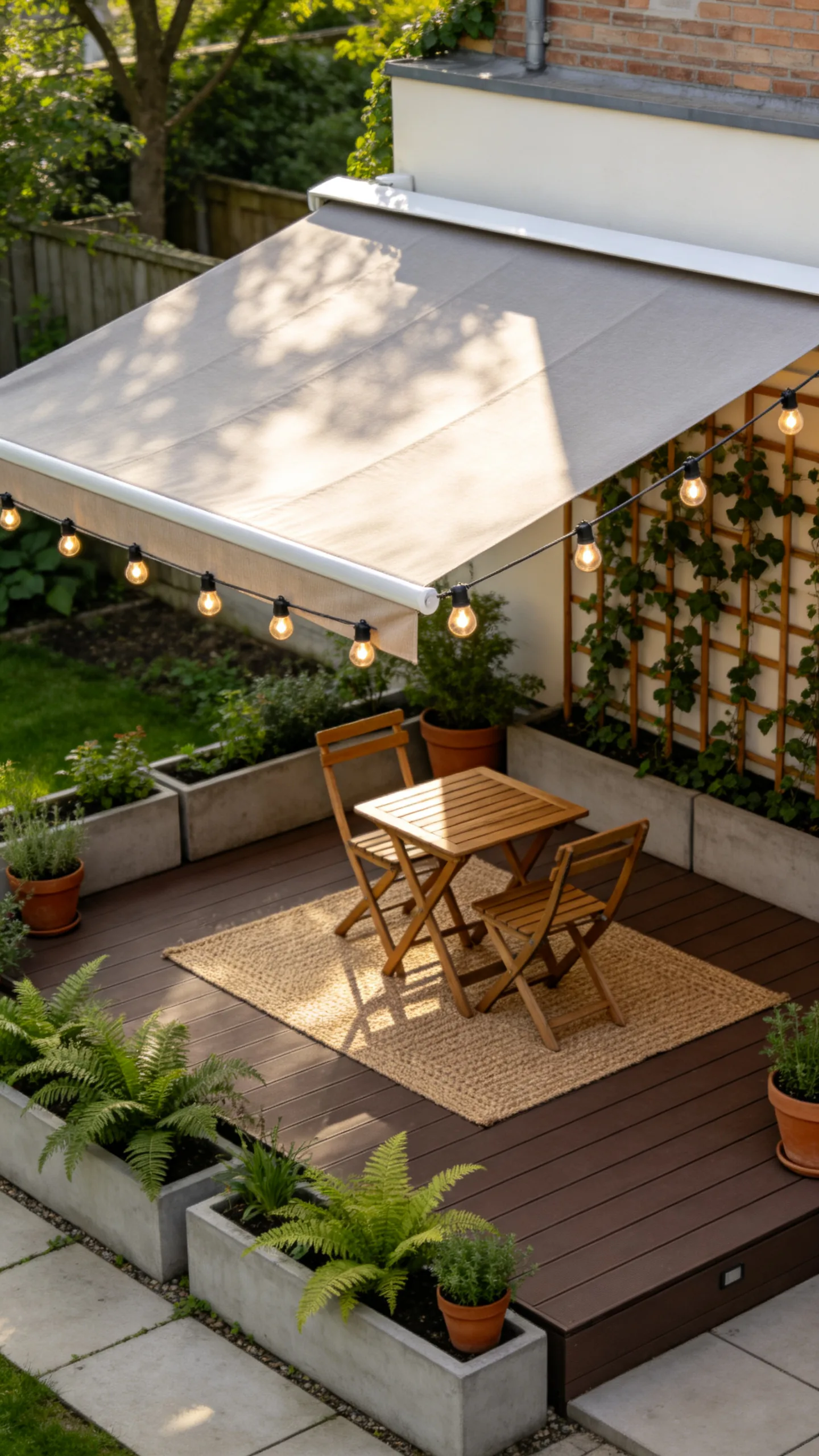 15. Fabric Awning with Cafe Lighting for Compact Urban Decks