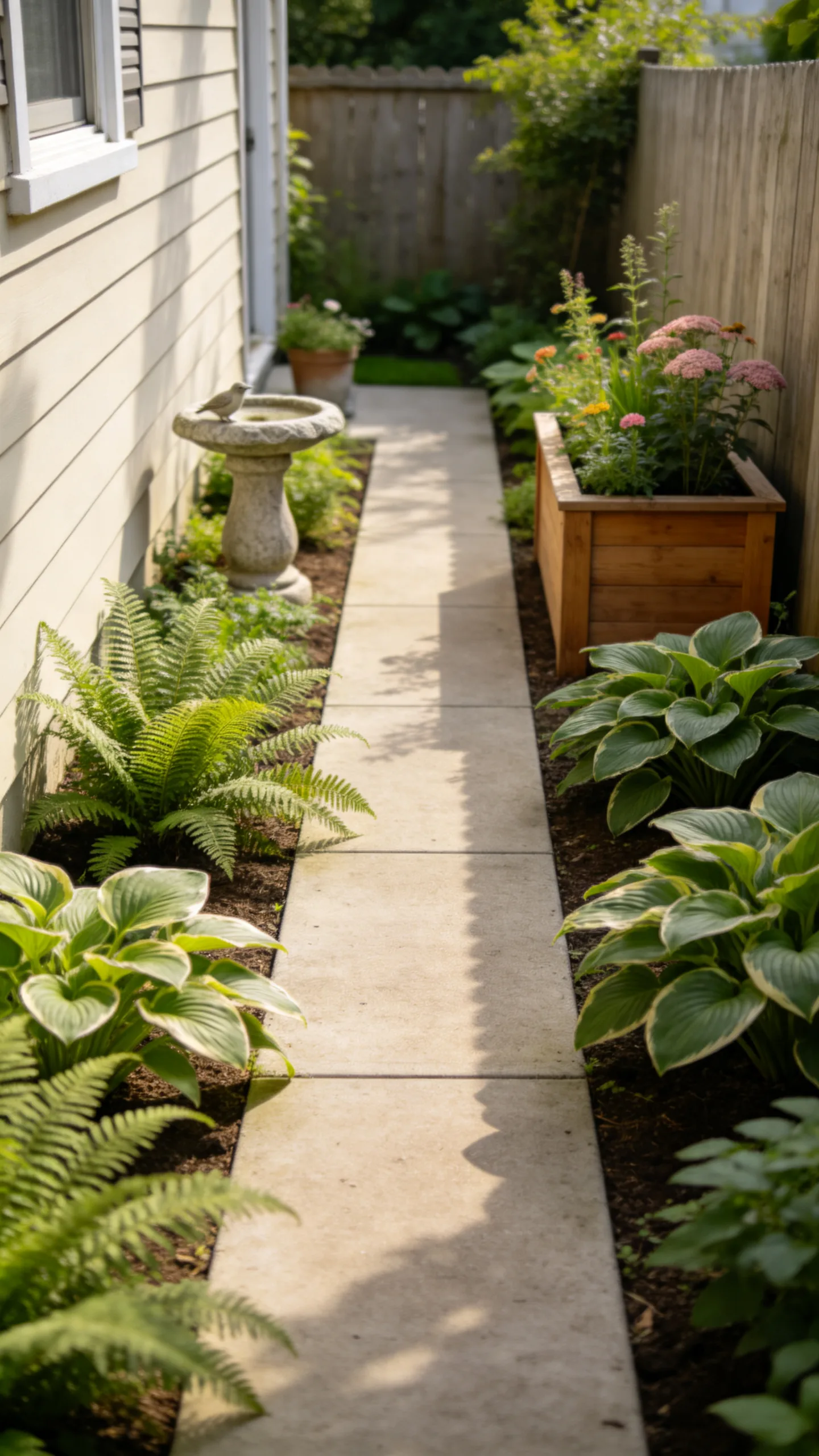 15. Narrow Side-Yard Walkway Deck with Fern and Hosta Borders