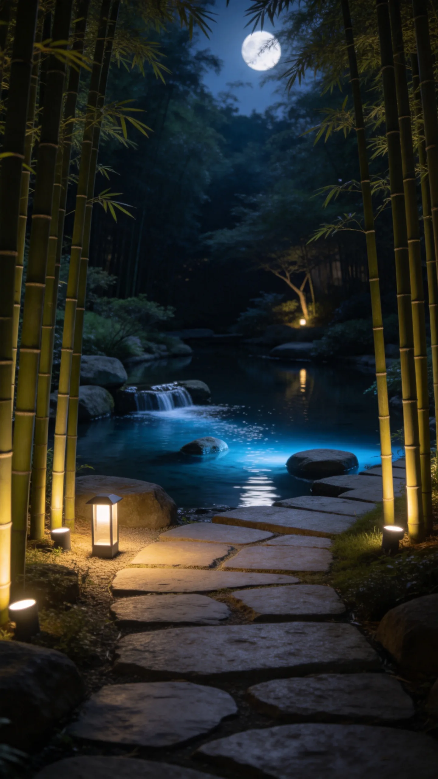 21. Moonlit Garden With Bamboo and Underwater Lighting