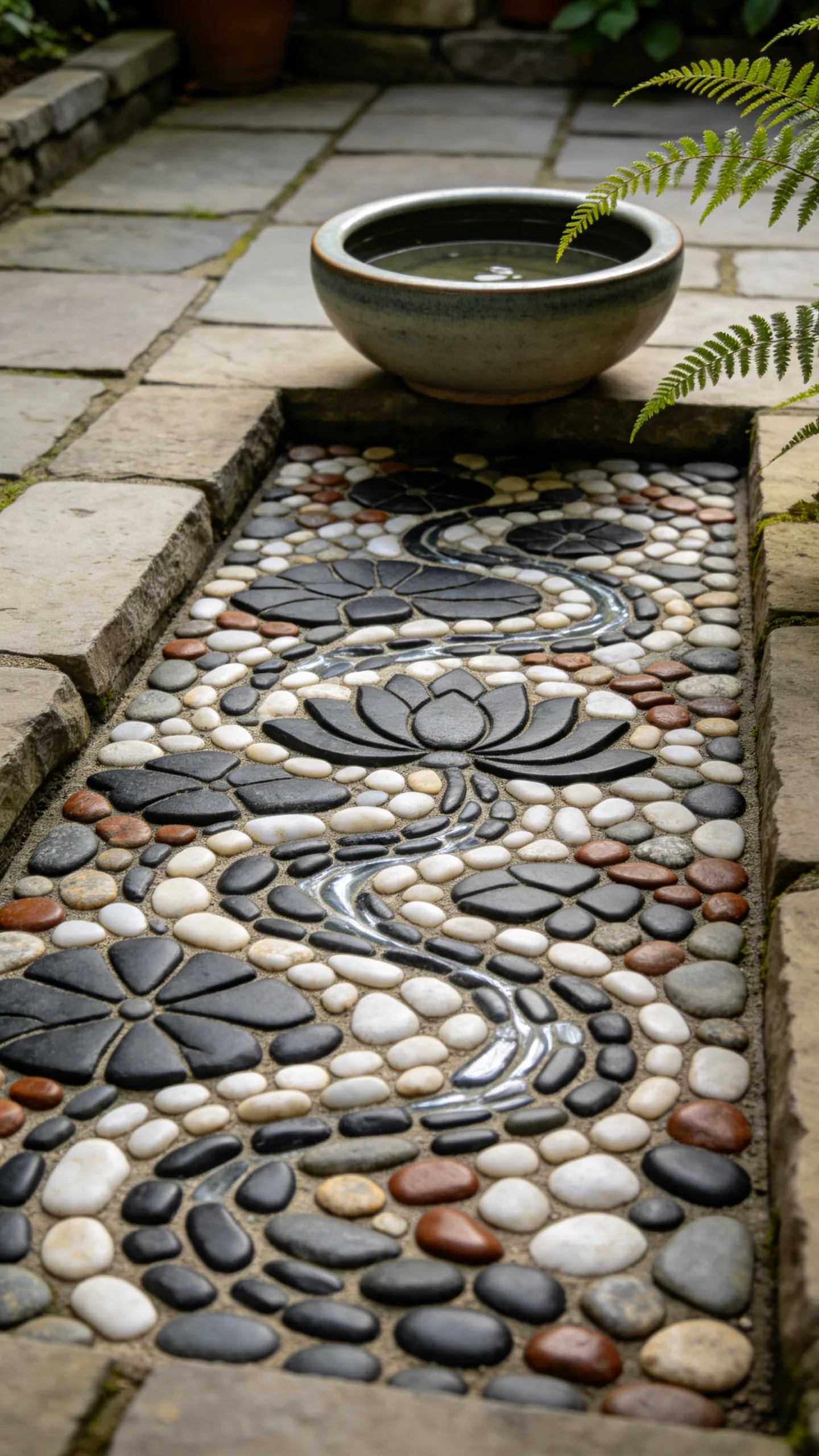 18. Pebble Mosaic Patio With Leaf Patterns