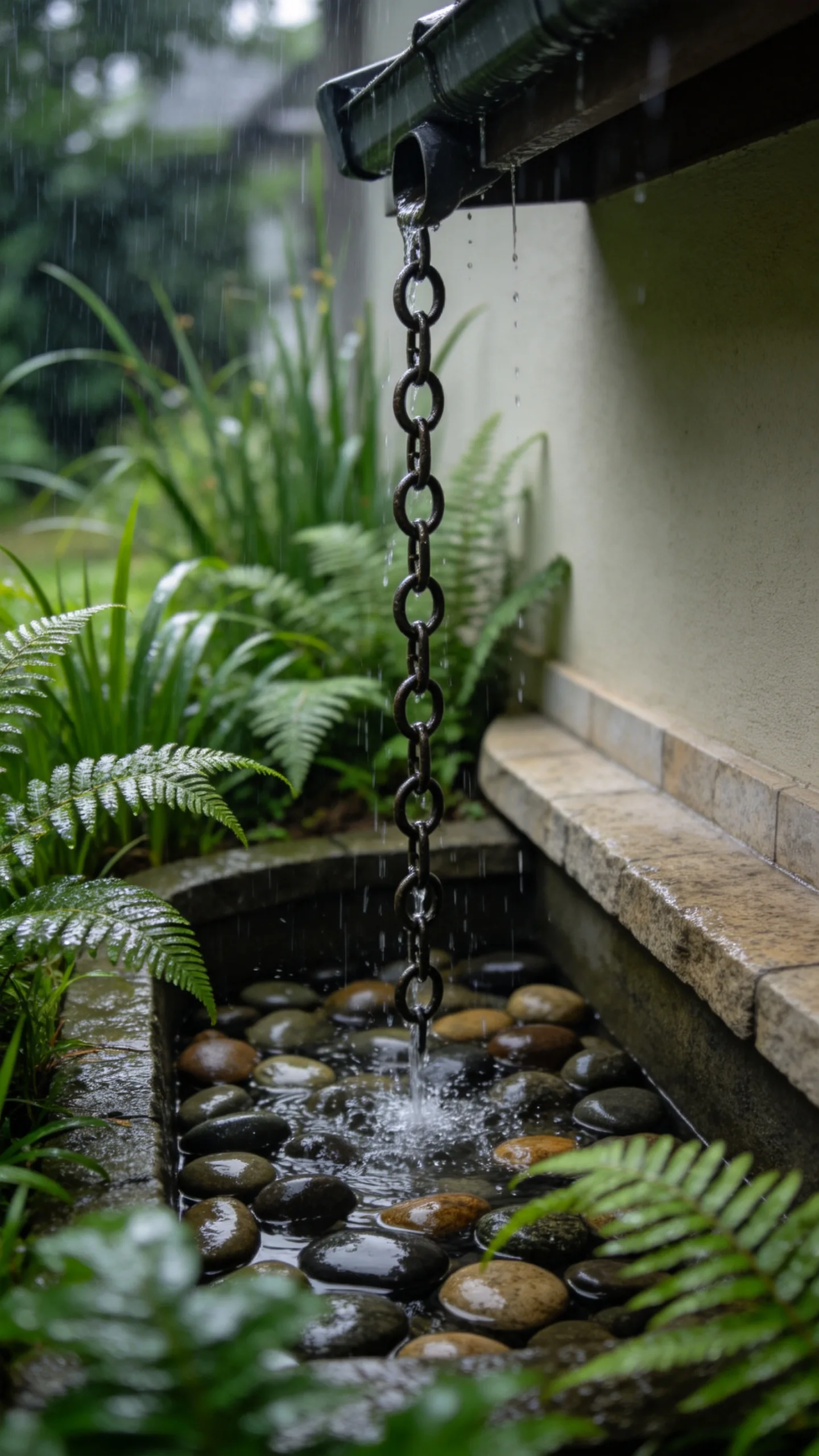 9. Rain Chain Feeding a Pebble Basin