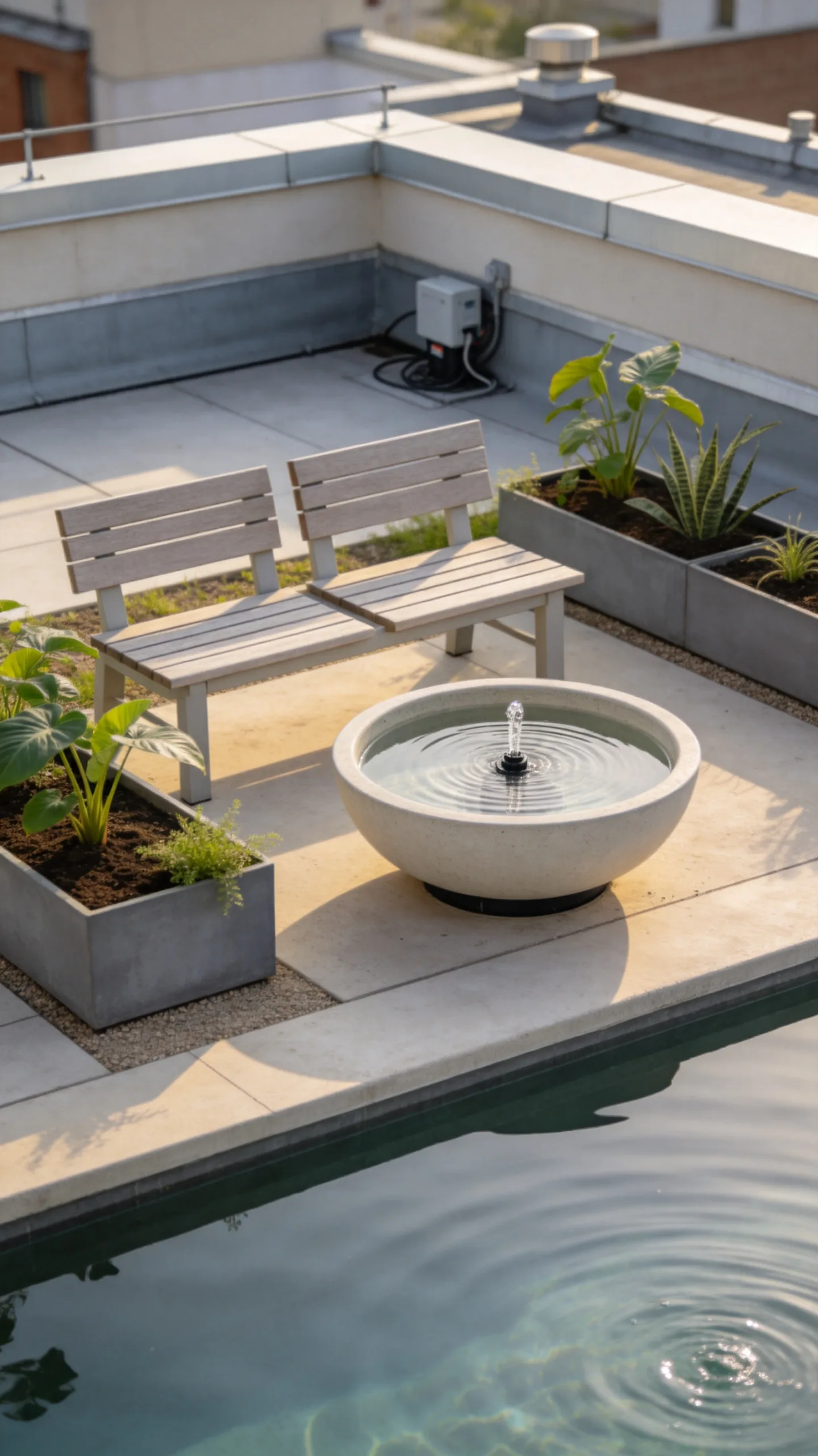 15. Compact Water Feature Beside a Quiet Bench