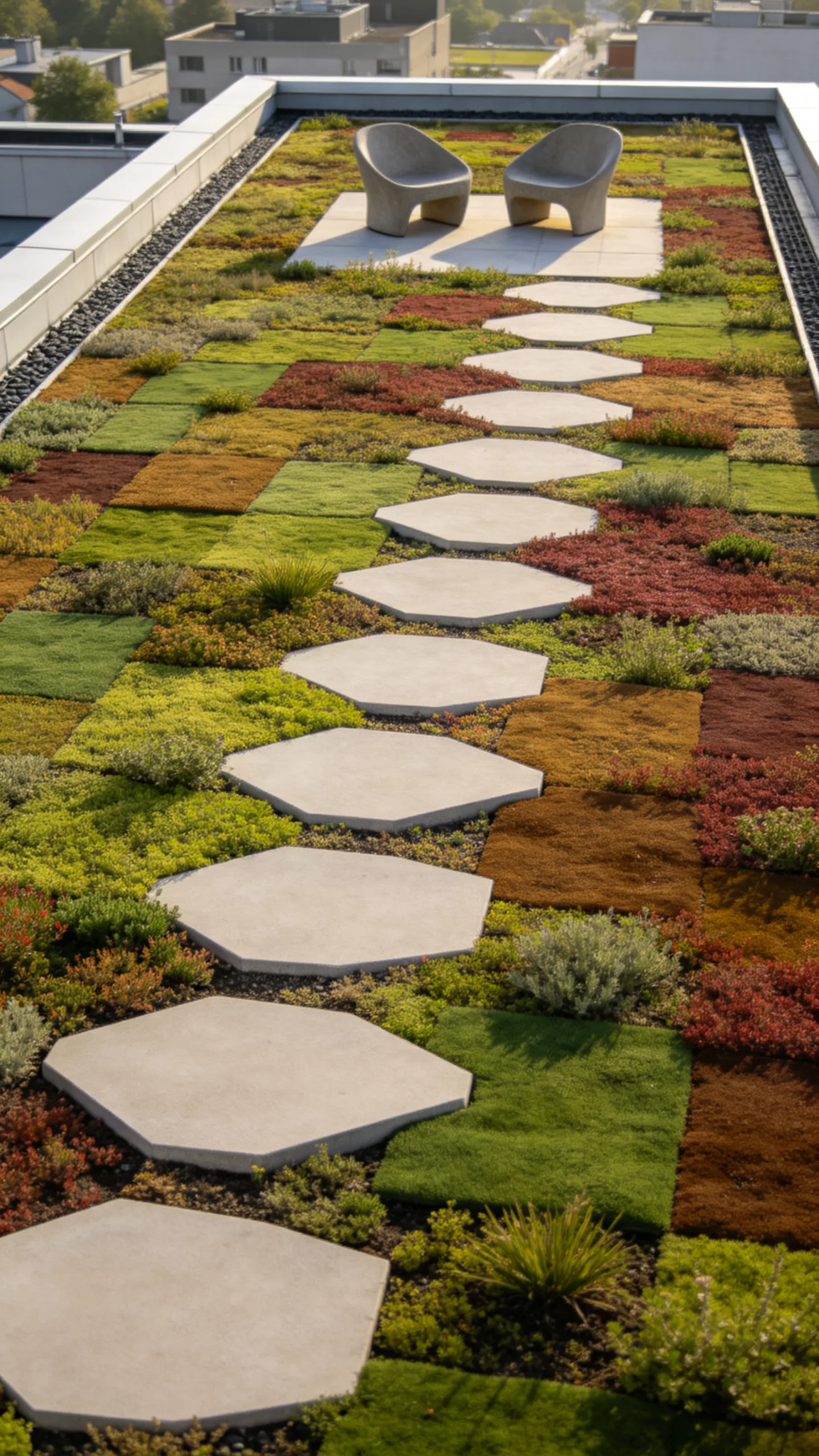13. Green Roof Mats With Stepping-Paver Seating