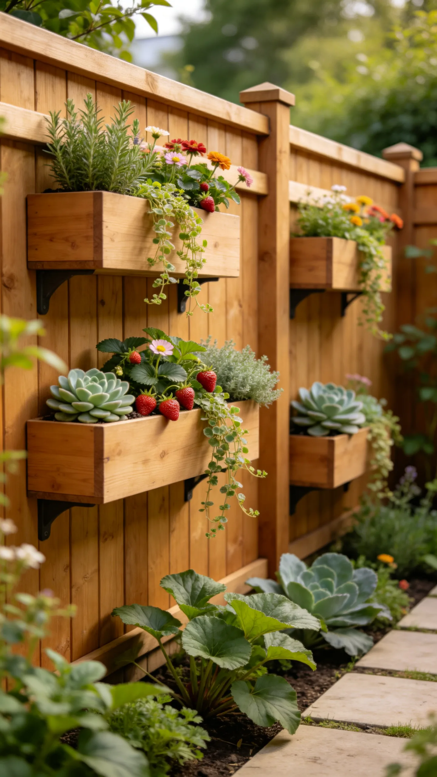 7. Wooden Fence With Integrated Planter Boxes