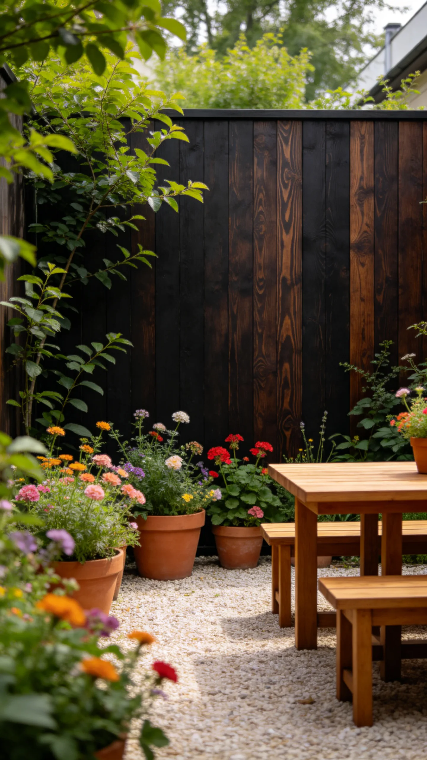 11. Dark-Stained Wooden Fence For A Cozy Backdrop