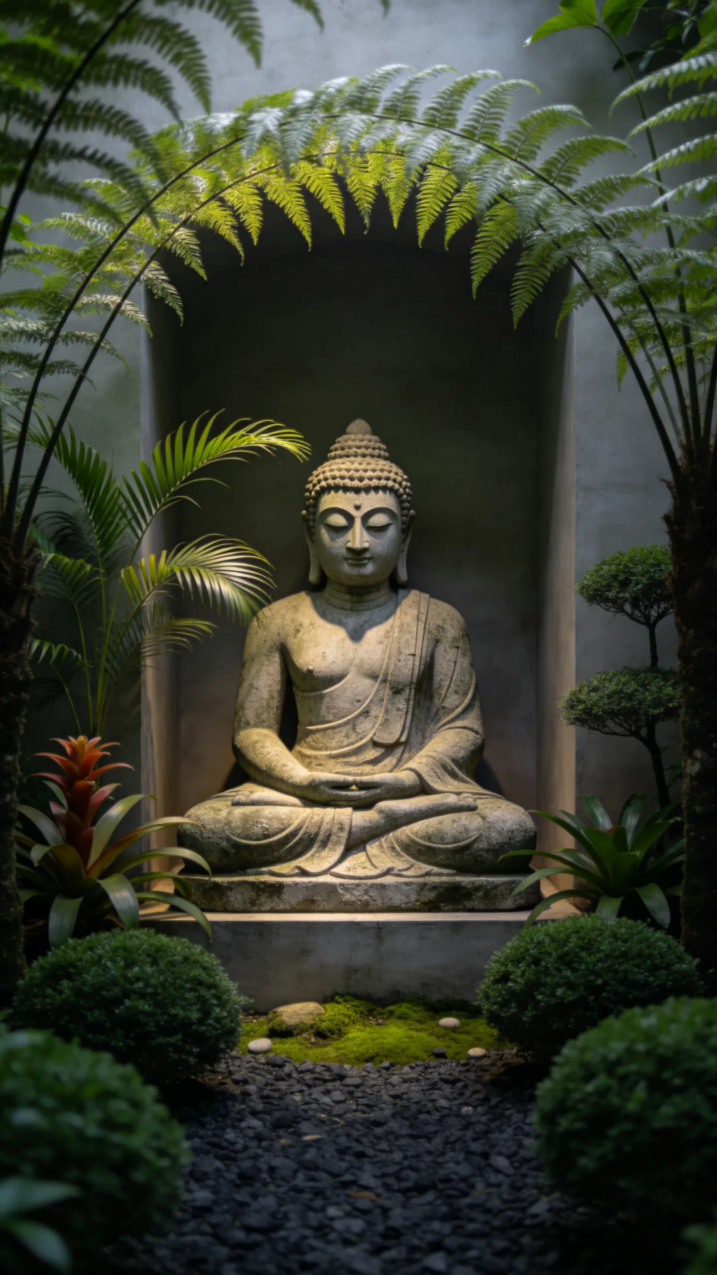 5. Stone Buddha Focal Point Framed by Greenery