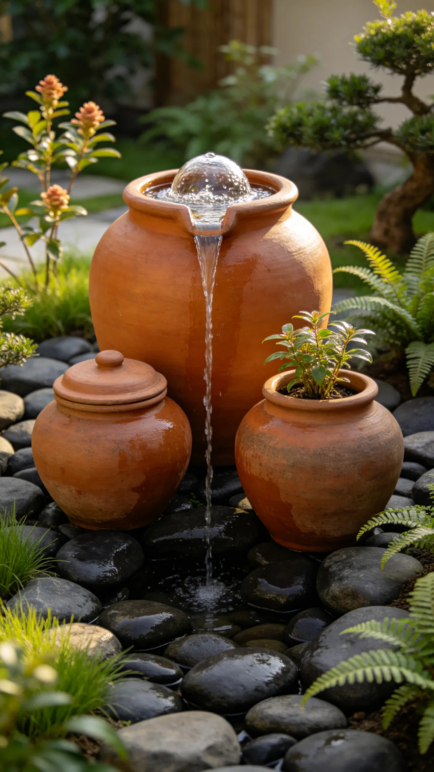 15. Terracotta Water Jars Among River Rocks