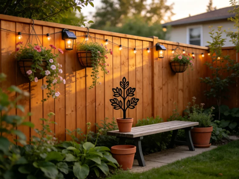 14 Wooden Fence Decorating Ideas with Plants, Lights, and Outdoor Art